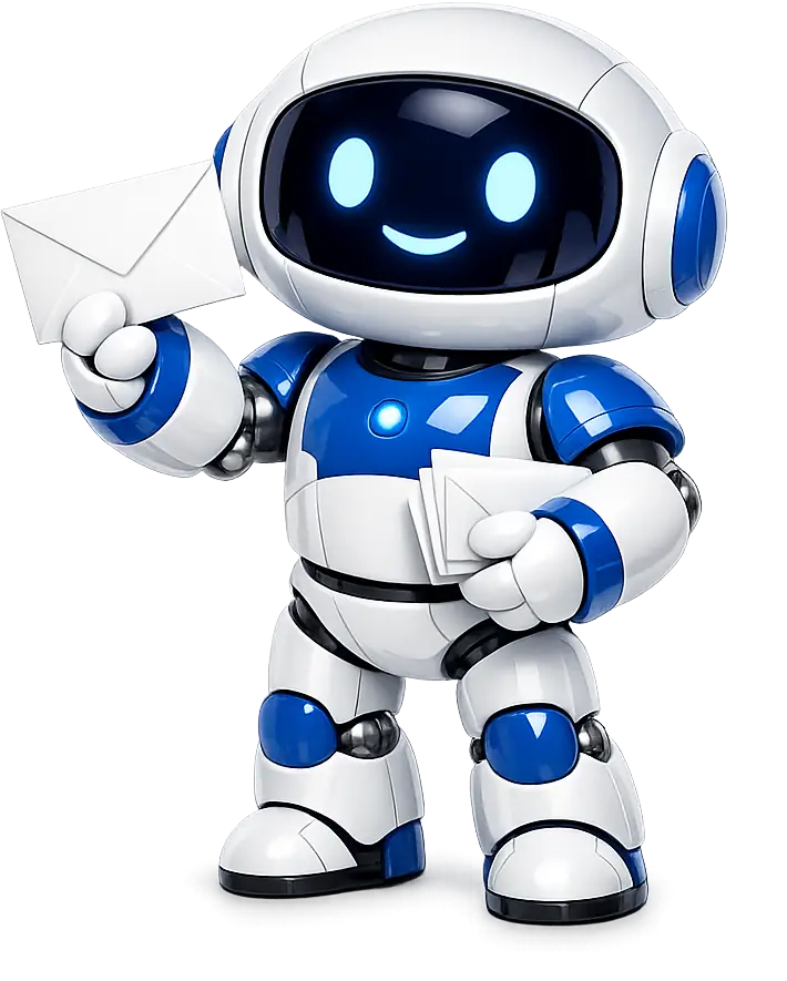 The Mailbox MCP robot, holding up a letter with a stack of post under its arm