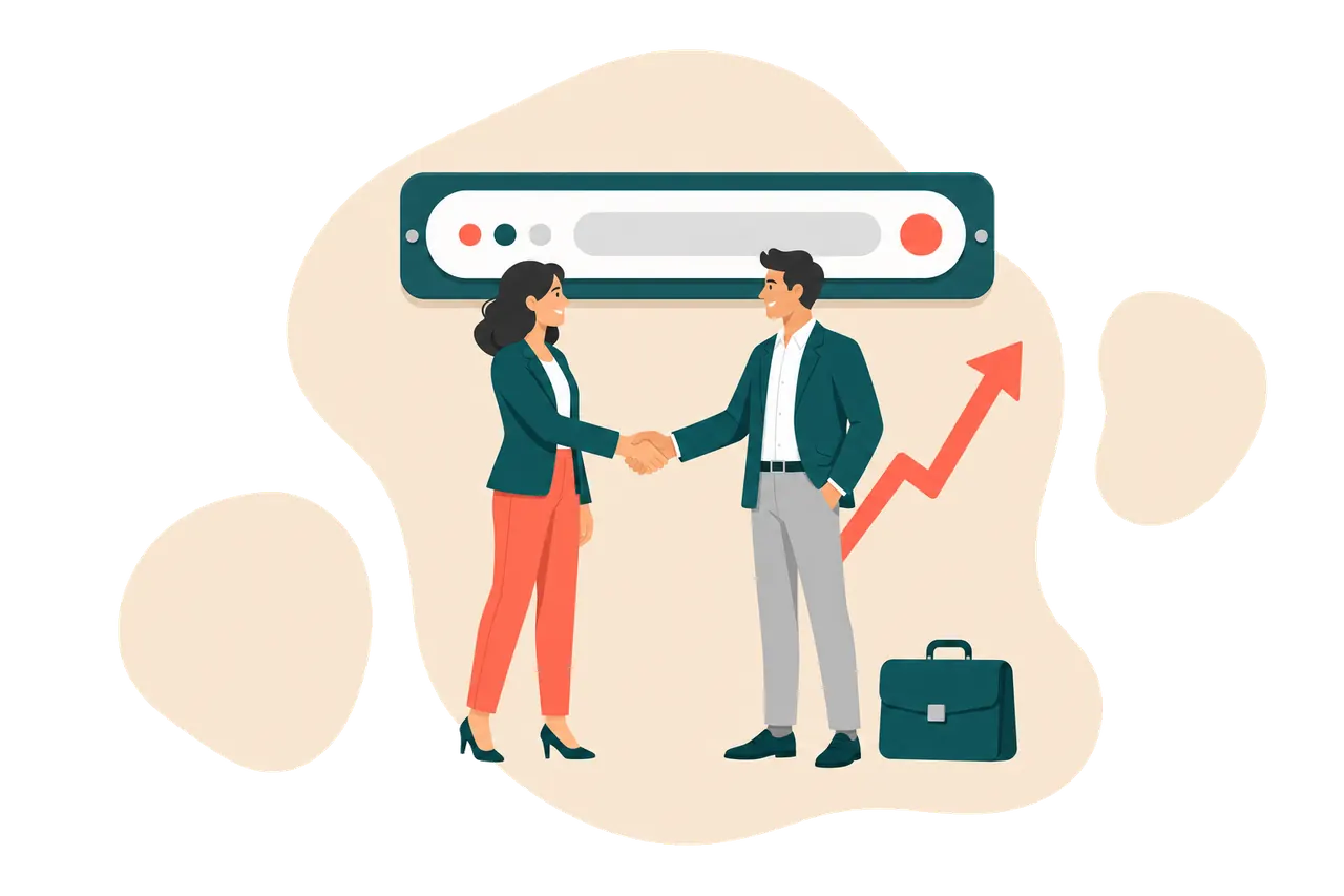 Two colleagues shaking hands beneath an office nameplate shaped like a browser address bar