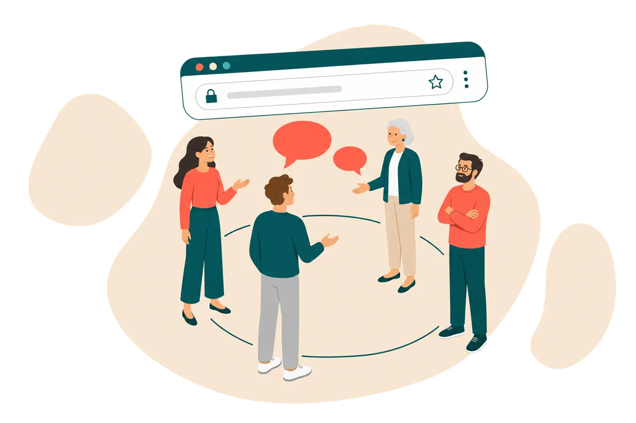 Four people standing in a circle joined by connecting lines, under a browser address bar banner