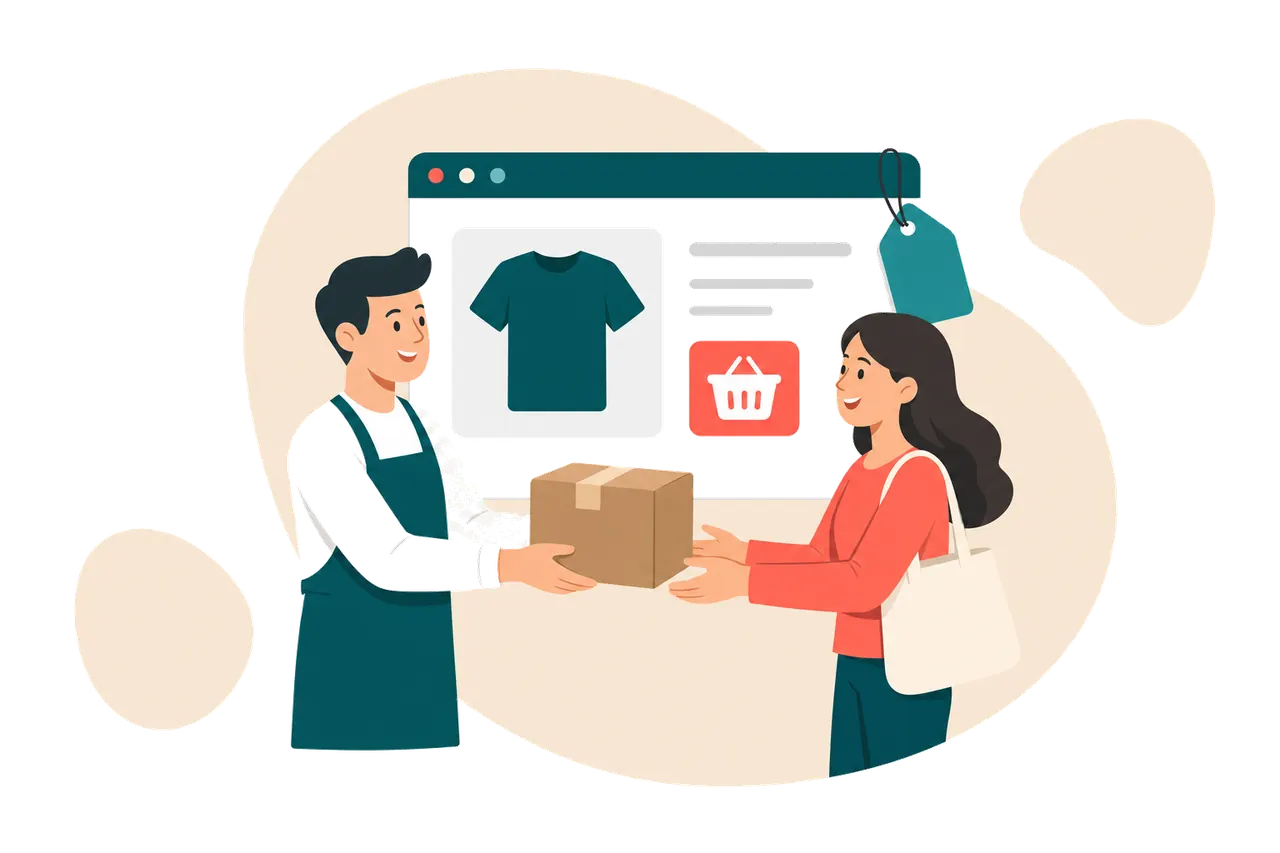A shopkeeper handing a parcel to a customer in front of an online shop window