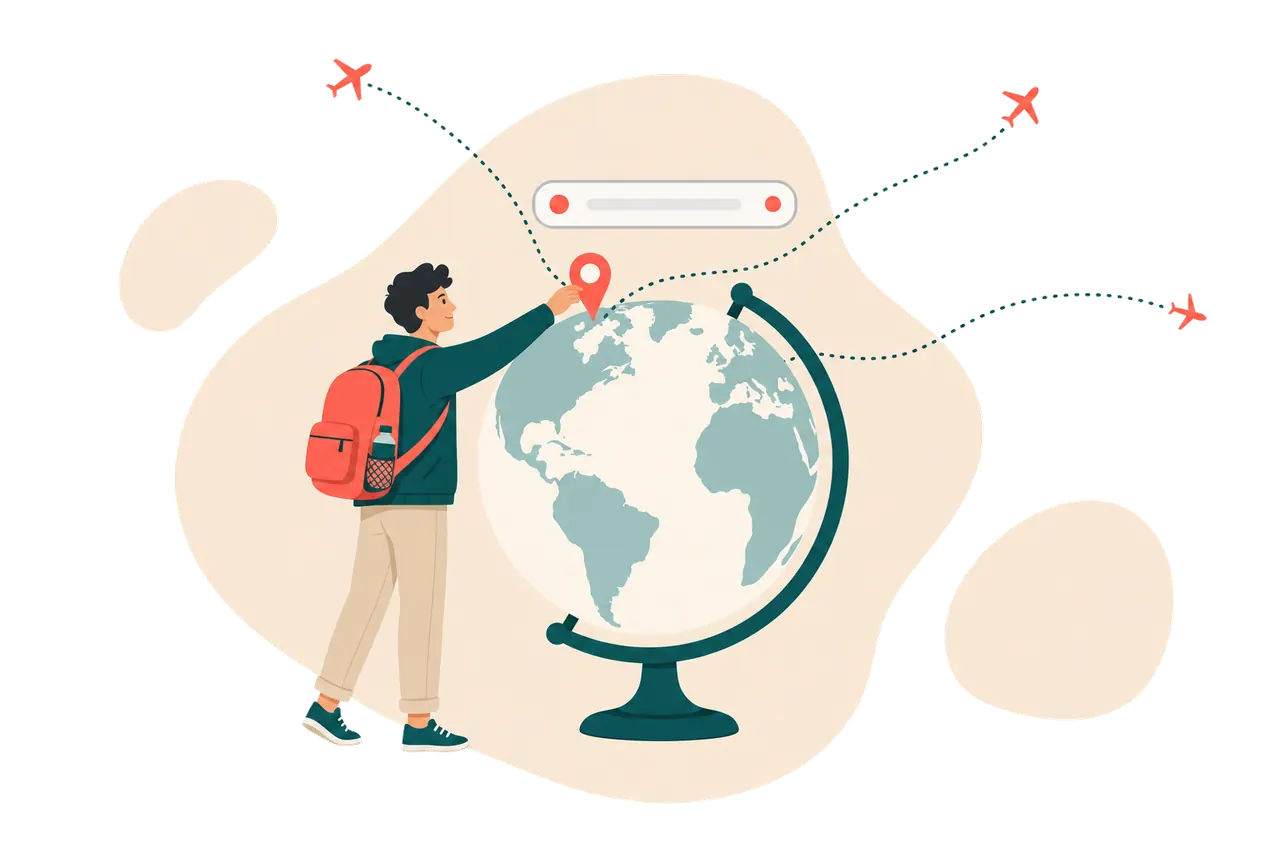 A traveller placing a map pin onto a globe, with flight paths curving away from it