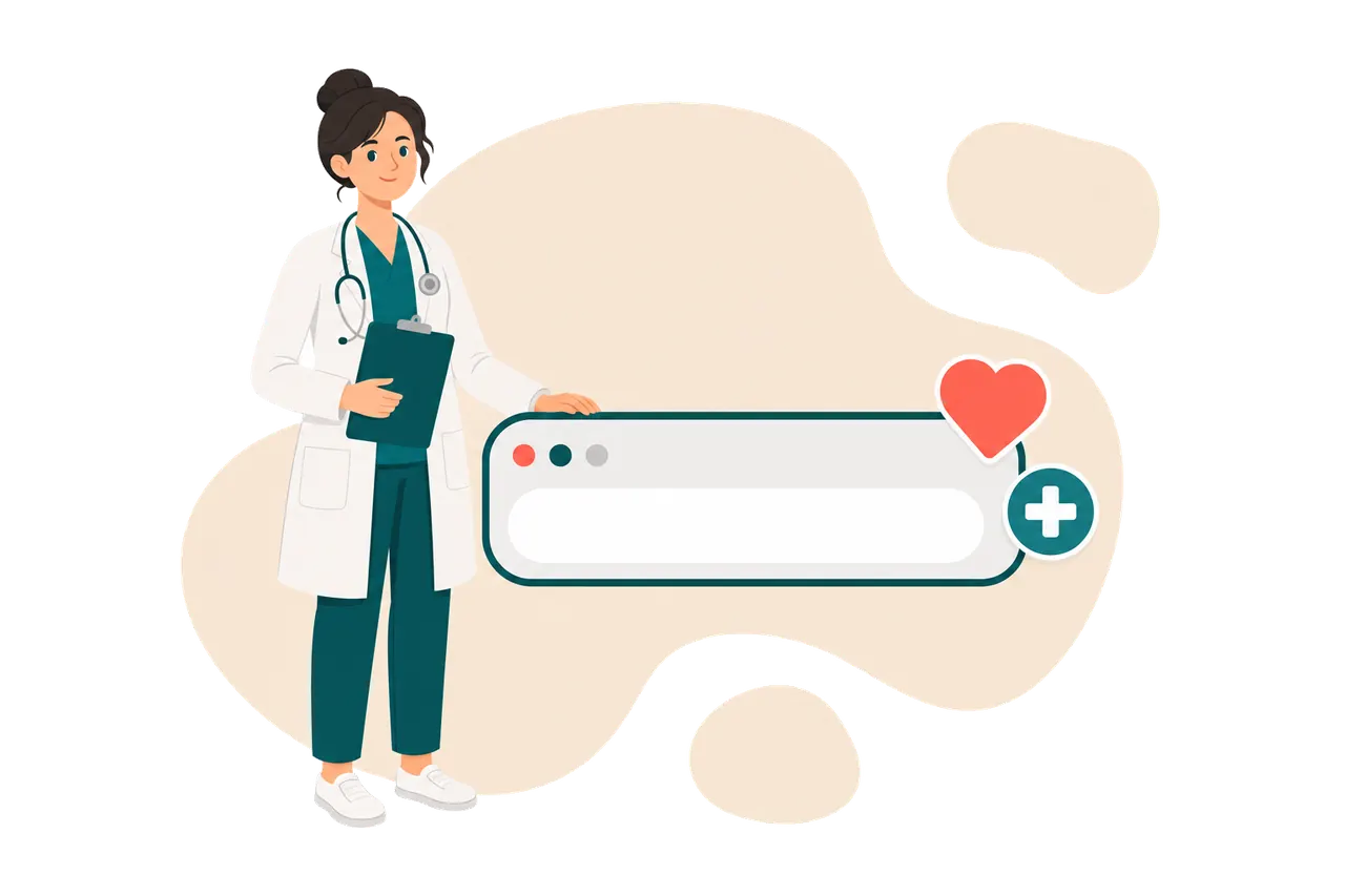 A clinician with a stethoscope and clipboard standing beside a browser address bar
