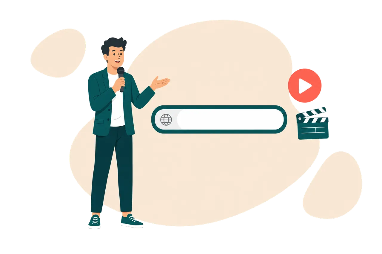 A presenter speaking into a microphone beside a browser address bar and a play button