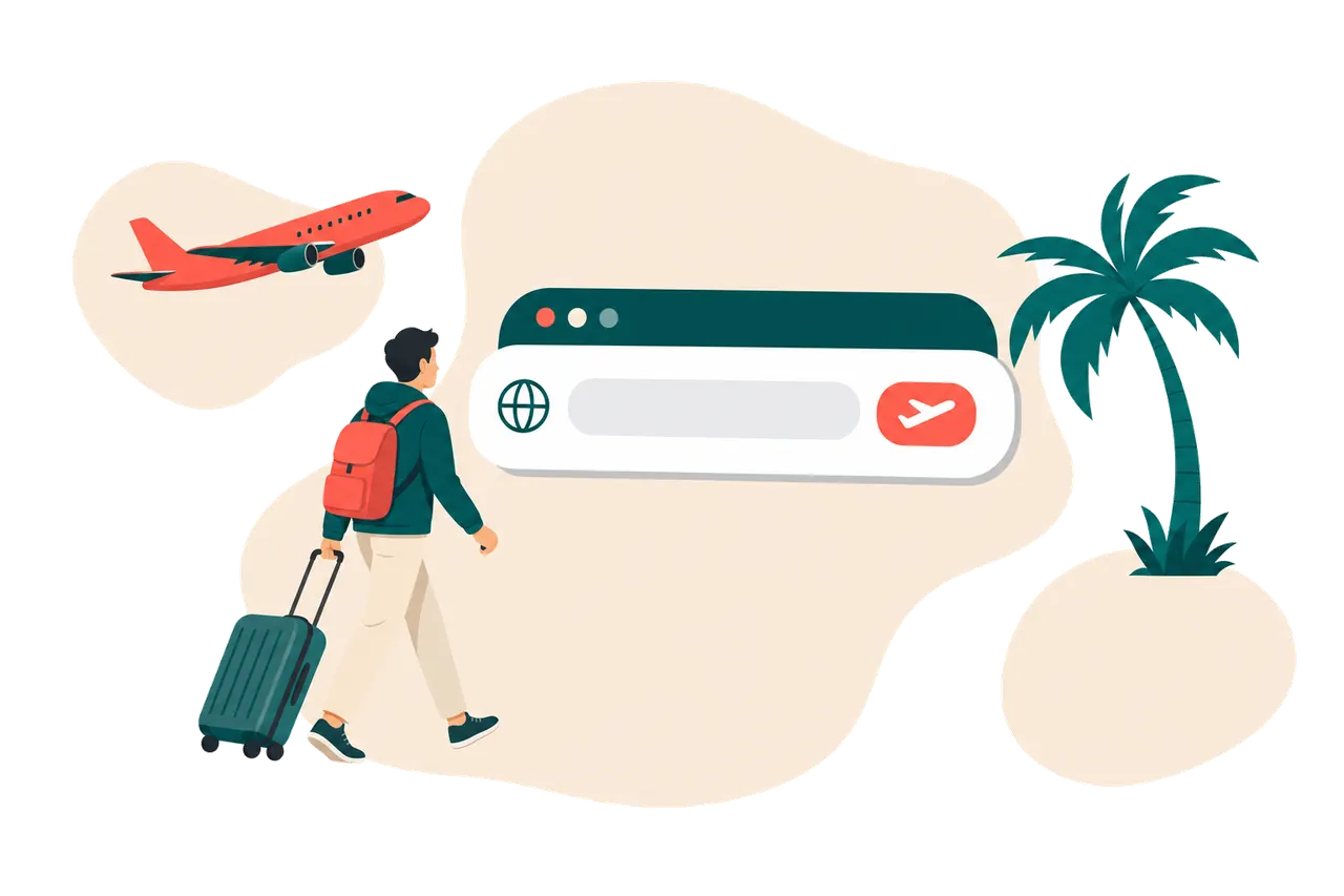 A traveller with a suitcase walking towards a departure board shaped like a browser address bar