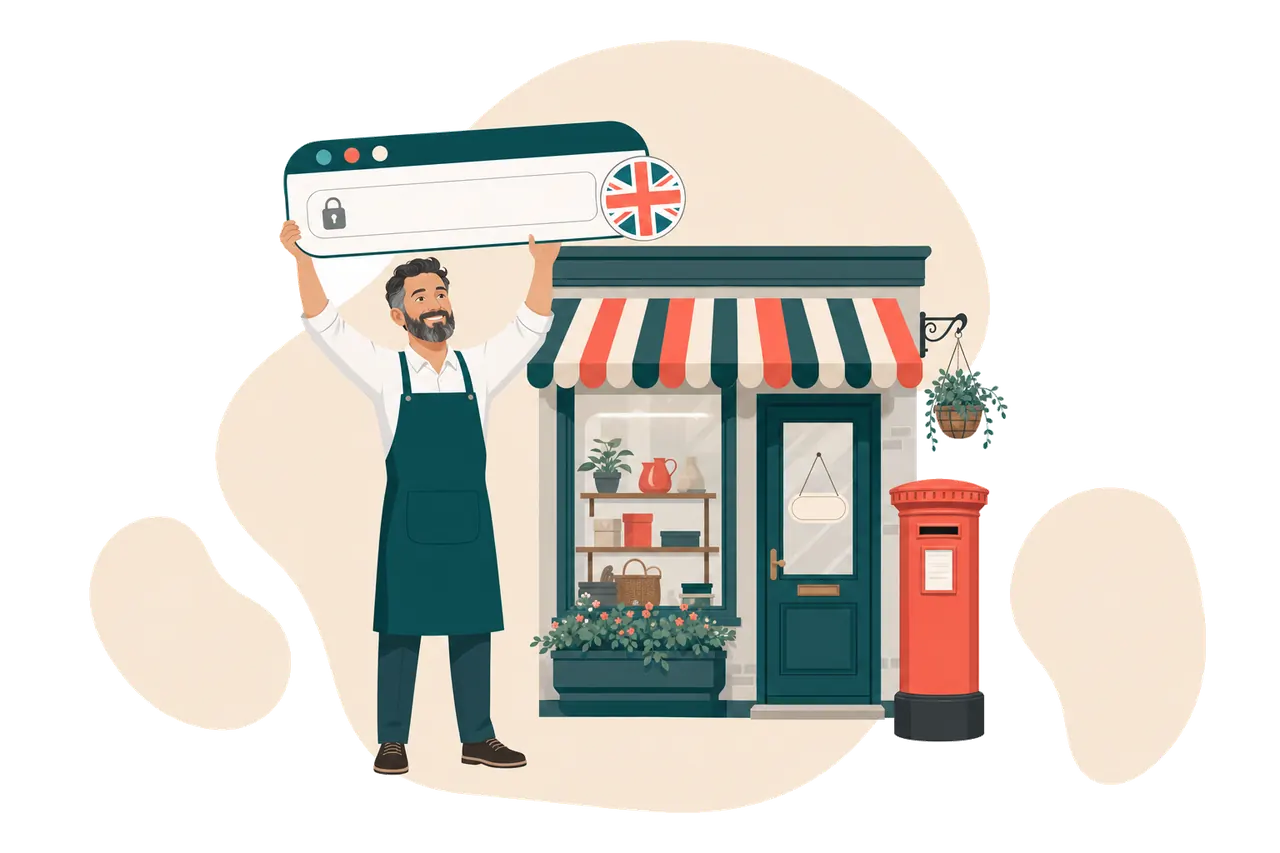 A shopkeeper outside a British high street shopfront holding up a sign shaped like a browser address bar