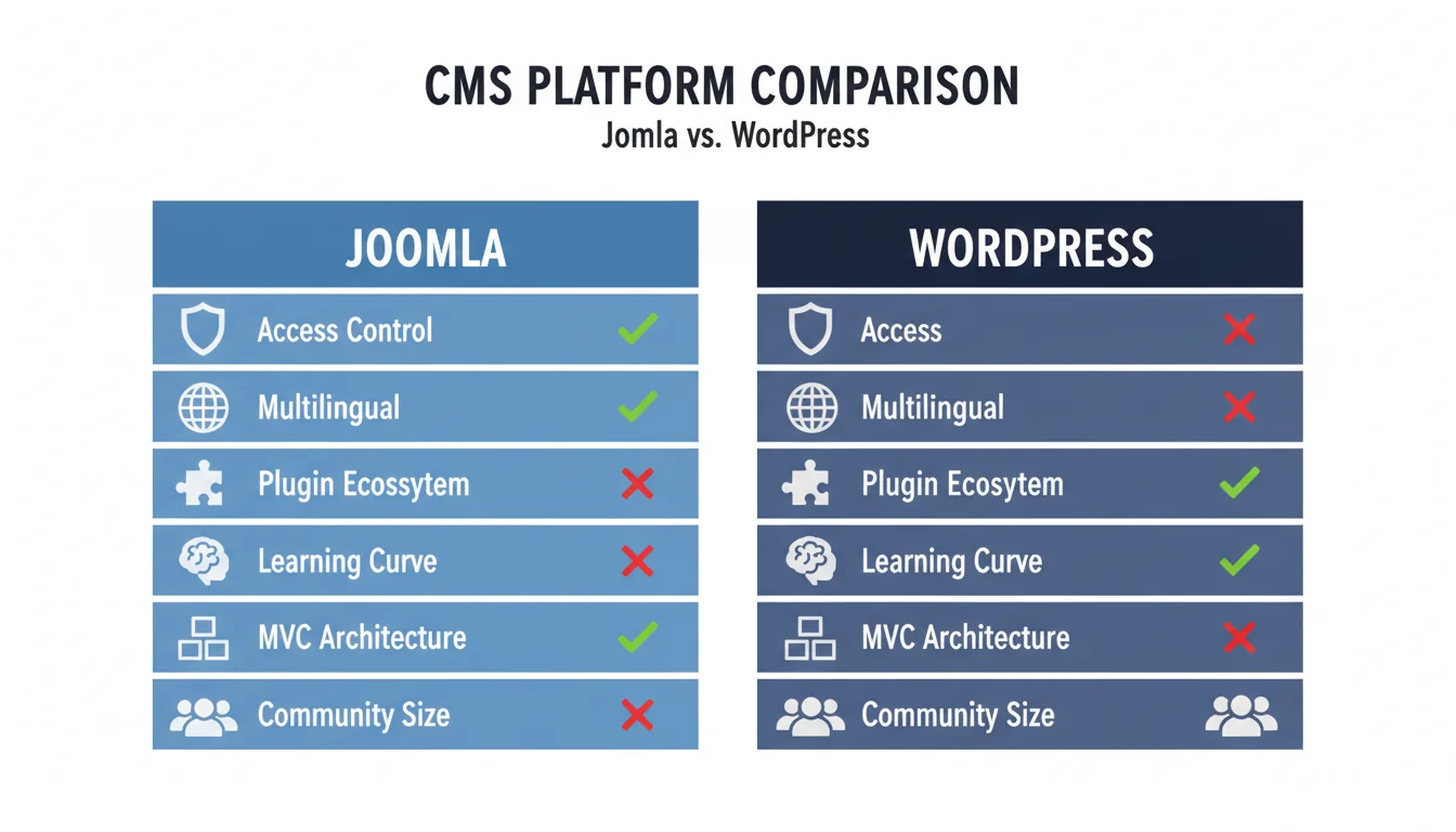Side-by-side comparison chart of Joomla and WordPress features including access control, multilingual, and architecture