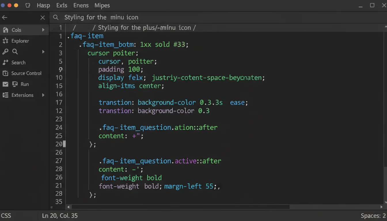 CSS code showing accordion styling with transitions, pseudo-elements, and responsive breakpoints
