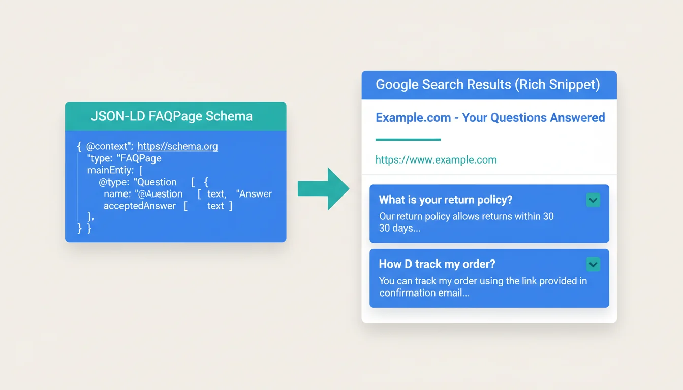 Diagram showing how FAQ schema markup translates into Google rich snippet results