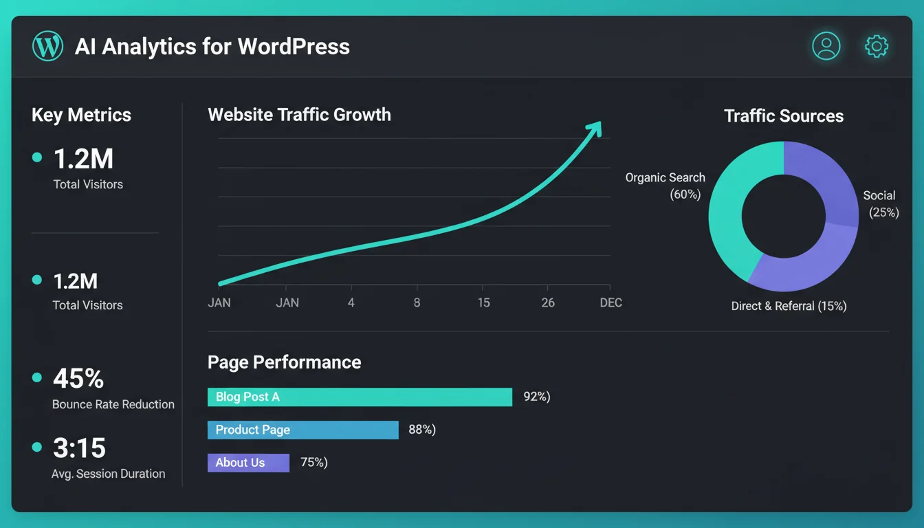 AI-generated analytics dashboard showing WordPress site performance metrics with traffic trends and recommendations
