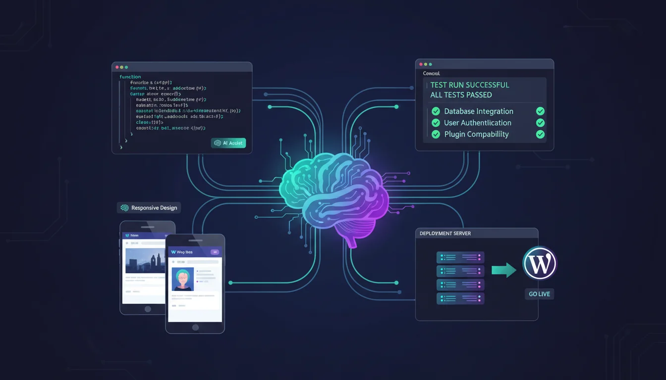 Diagram showing AI agent workflow for WordPress theme development with code review and testing steps