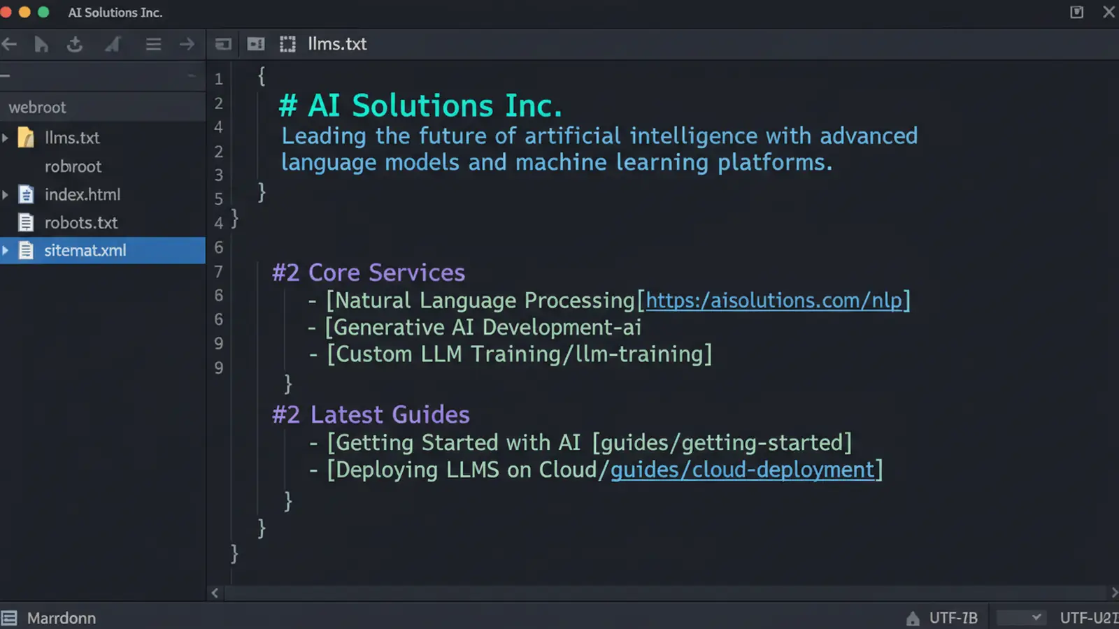 A code editor showing an llms.txt file with structured business information formatted for AI systems
