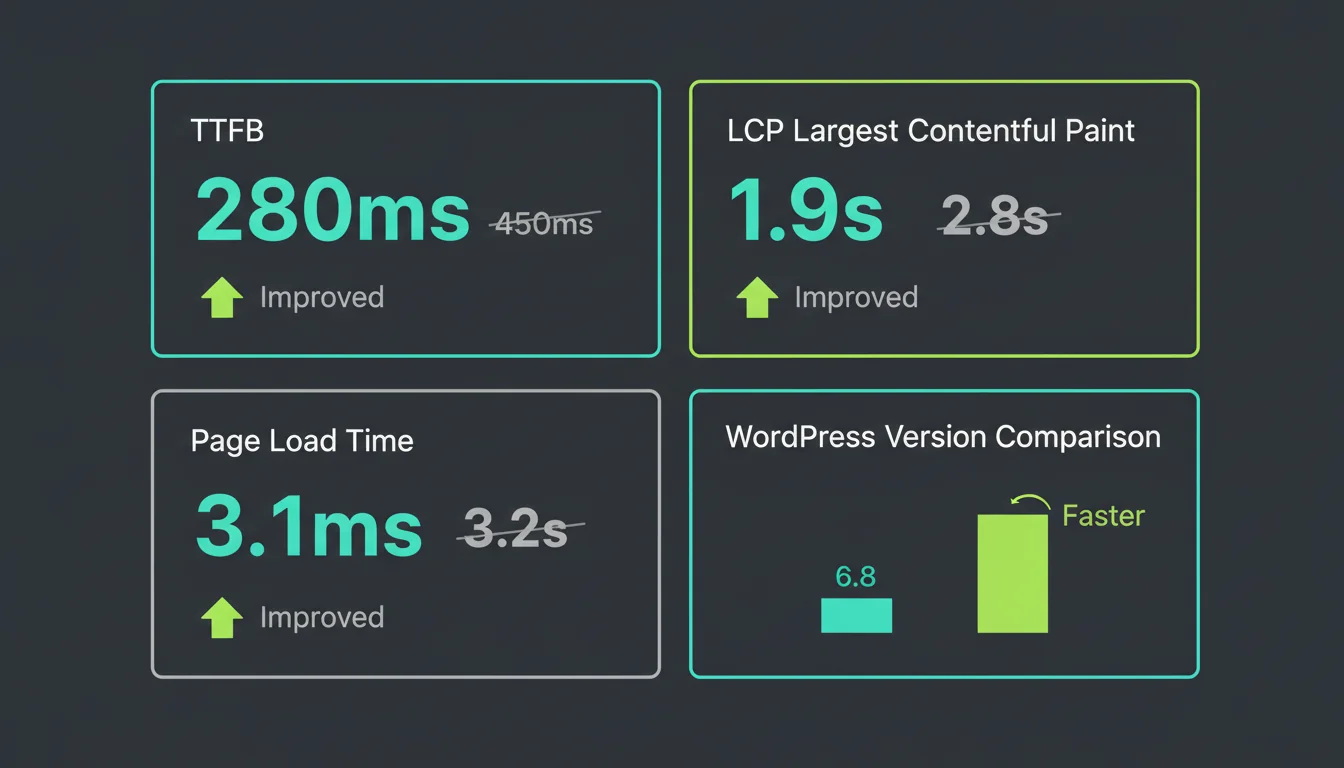 Performance comparison chart showing WordPress 6.9 page load improvements with metrics for TTFB, LCP, and total load time
