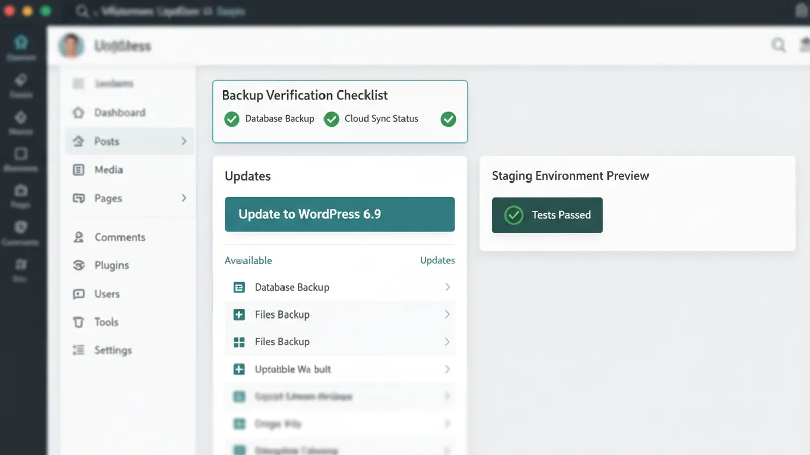 WordPress dashboard showing update notification for version 6.9 with a staging environment preview and backup verification checklist