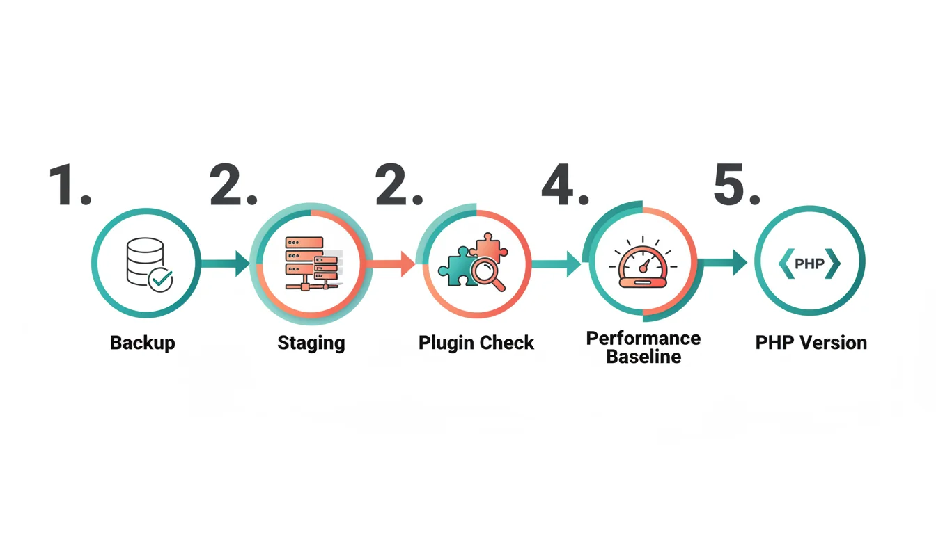 Pre-upgrade checklist showing five steps: backup verification, staging environment setup, plugin compatibility check, performance baseline, and PHP version confirmation
