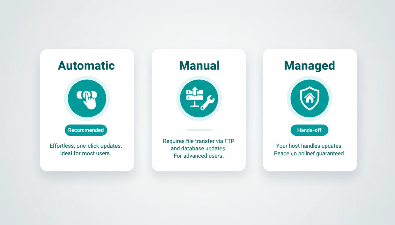 Three upgrade paths illustrated: automatic one-click update, manual FTP installation, and managed hosting update with staging preview