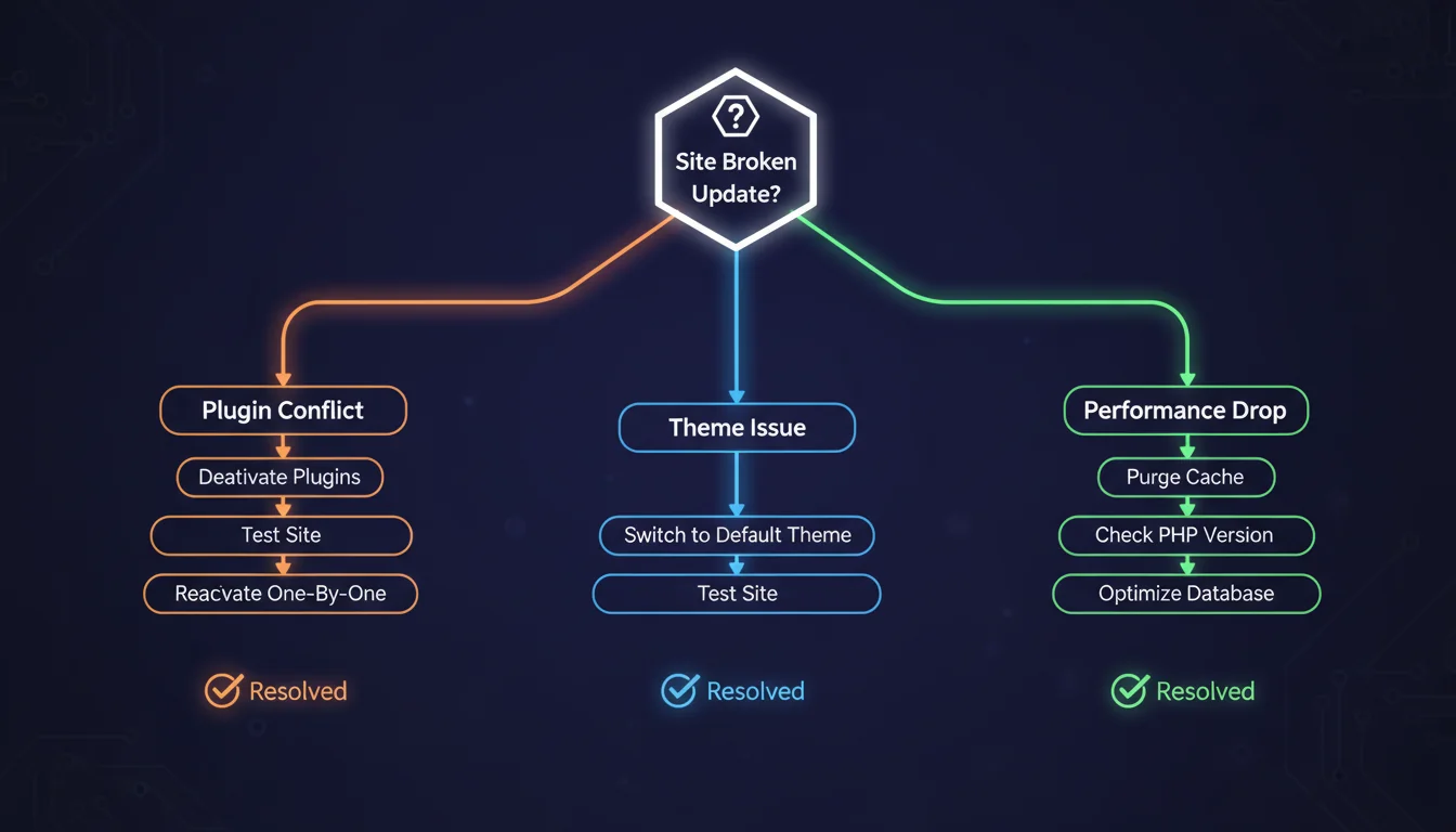 Troubleshooting flowchart showing three common WordPress update problems and their resolution paths: plugin conflict, theme issue, and performance drop