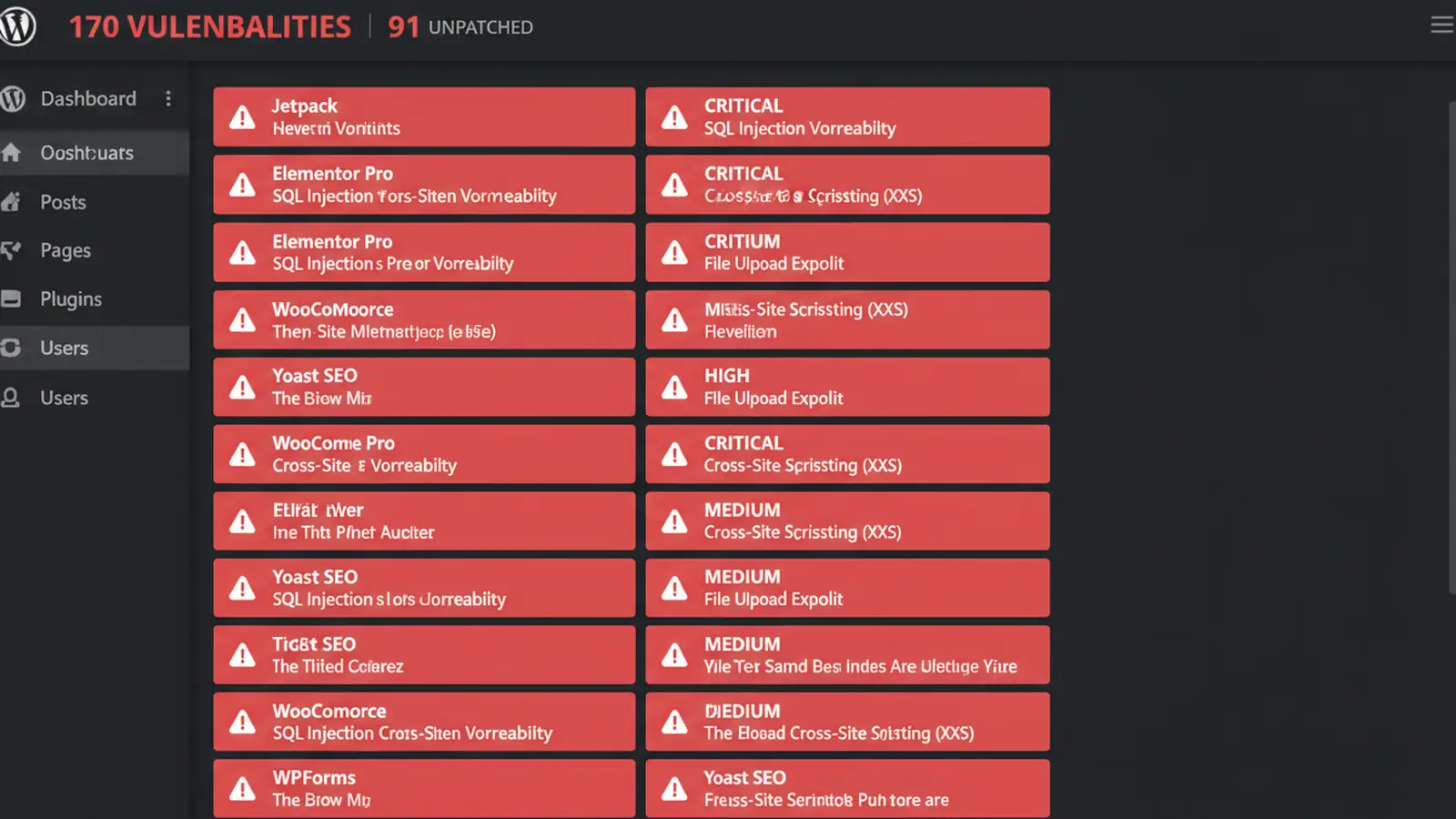 A WordPress dashboard showing a long list of plugin update notifications with red security warning badges