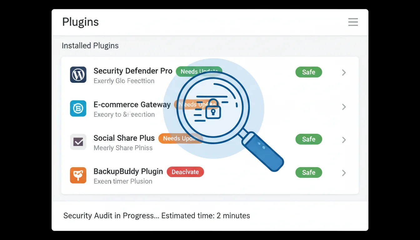 A WordPress plugins page showing a security audit being performed, with plugins marked as safe, needs update, or deactivate