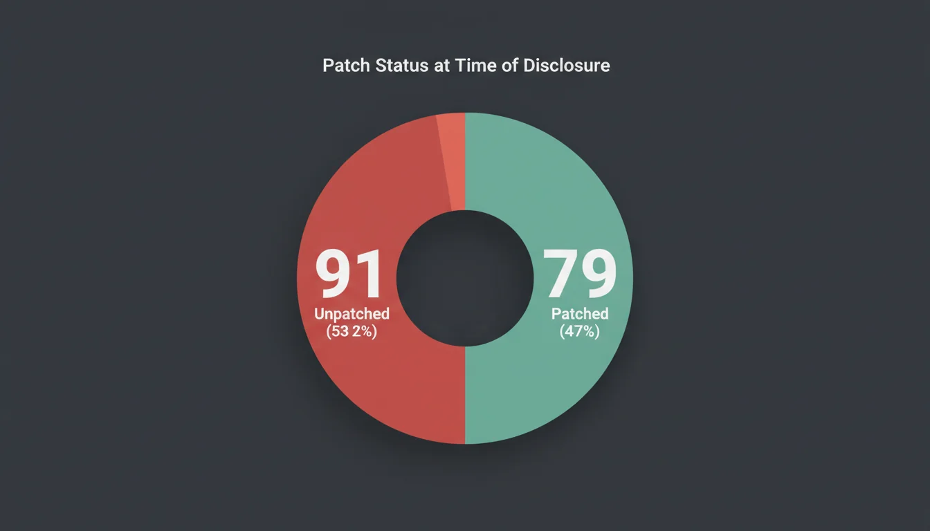 Pie chart showing 91 unpatched (53%) versus 79 patched (47%) vulnerabilities from the December 10 disclosure