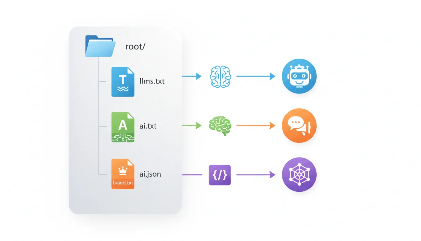 Diagram showing four AI discovery files in the website root directory, each with an arrow pointing to the AI systems that read them