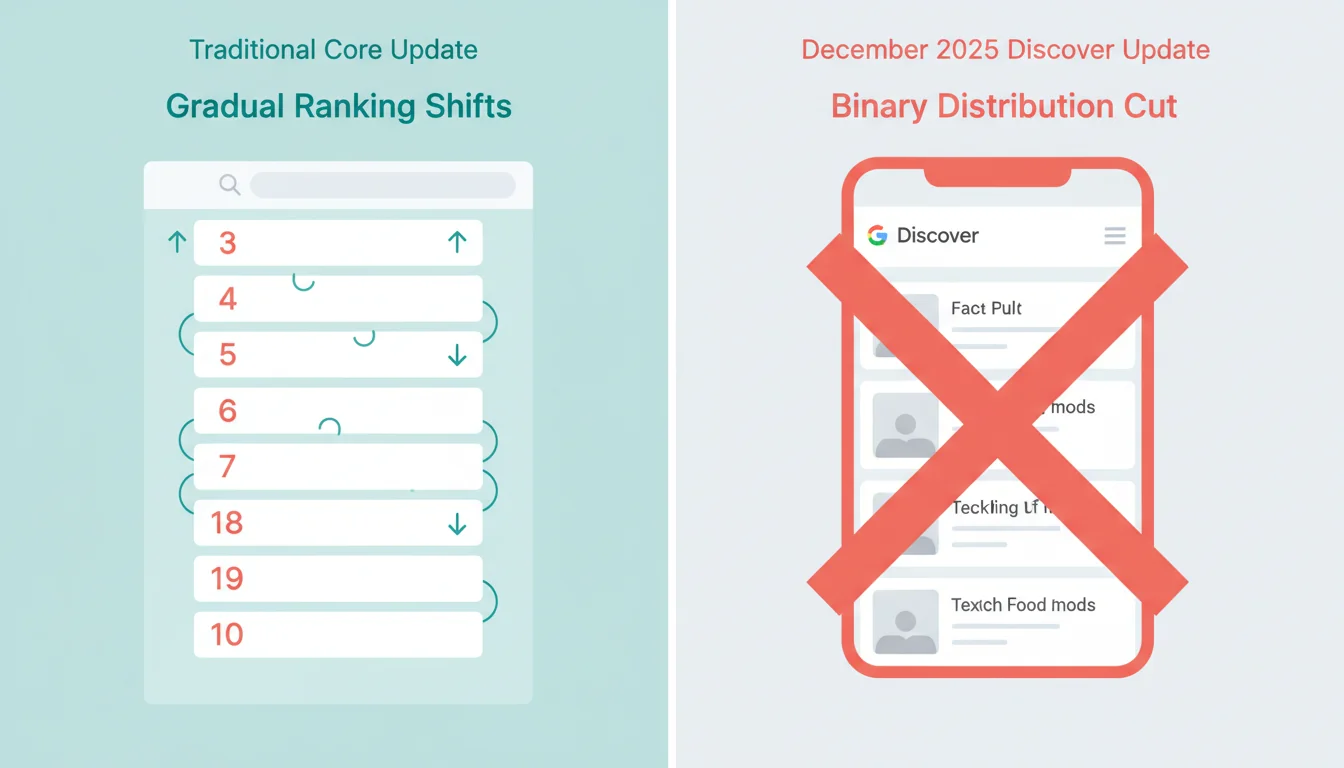 Side-by-side comparison showing how traditional core updates affect rankings gradually while the December 2025 update cut Discover distribution instantly