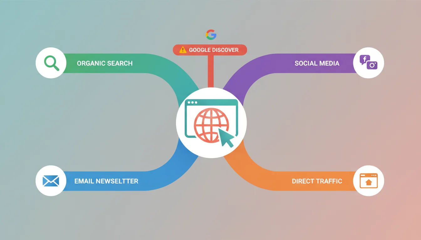 Illustration showing a multi-channel traffic strategy with email, social, organic search, and direct traffic streams flowing into a website
