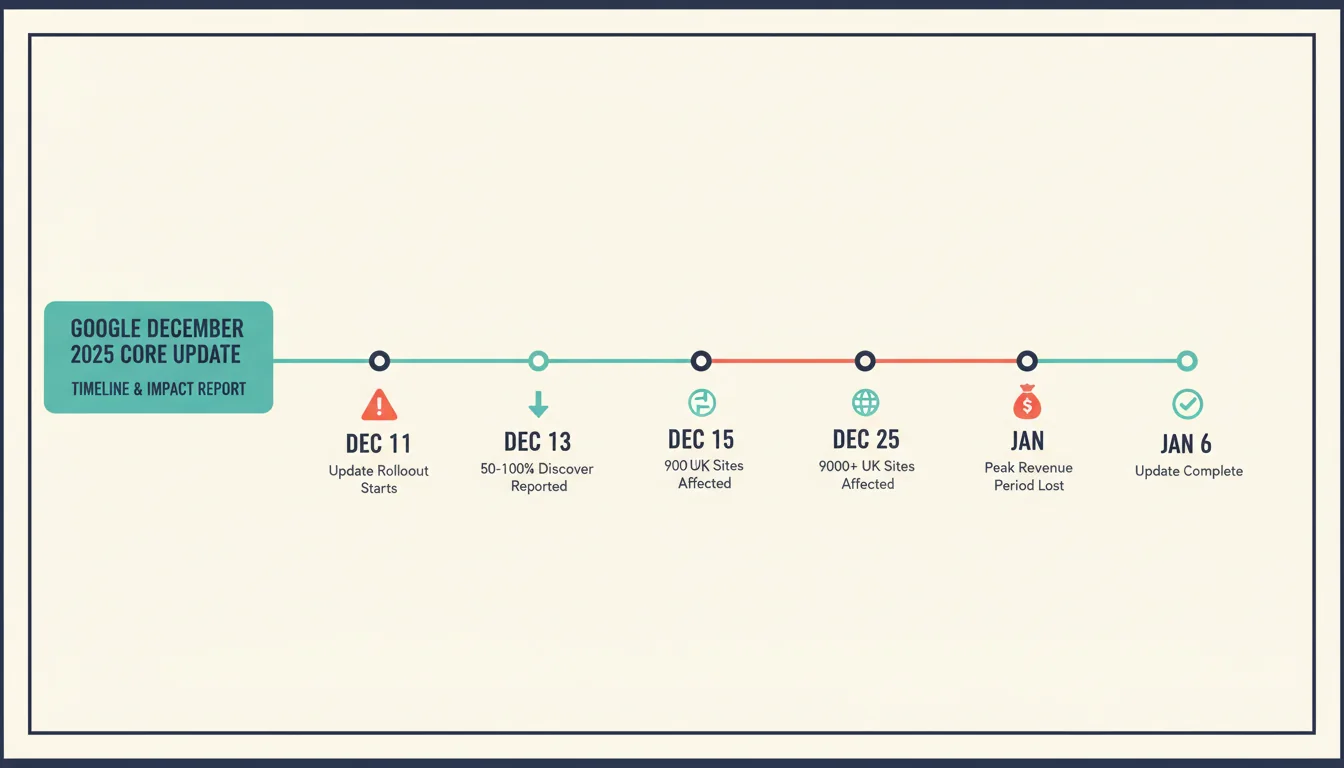 Timeline illustration showing the December 2025 Google core update rollout and its impact on publisher Discover traffic