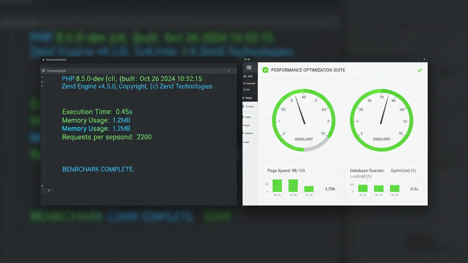 Terminal showing PHP 8.5 version output alongside WordPress performance metrics