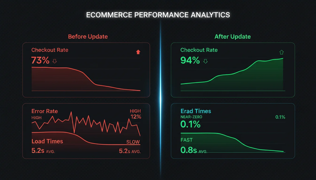 Dashboard showing ecommerce metrics with checkout completion rates improving after the update