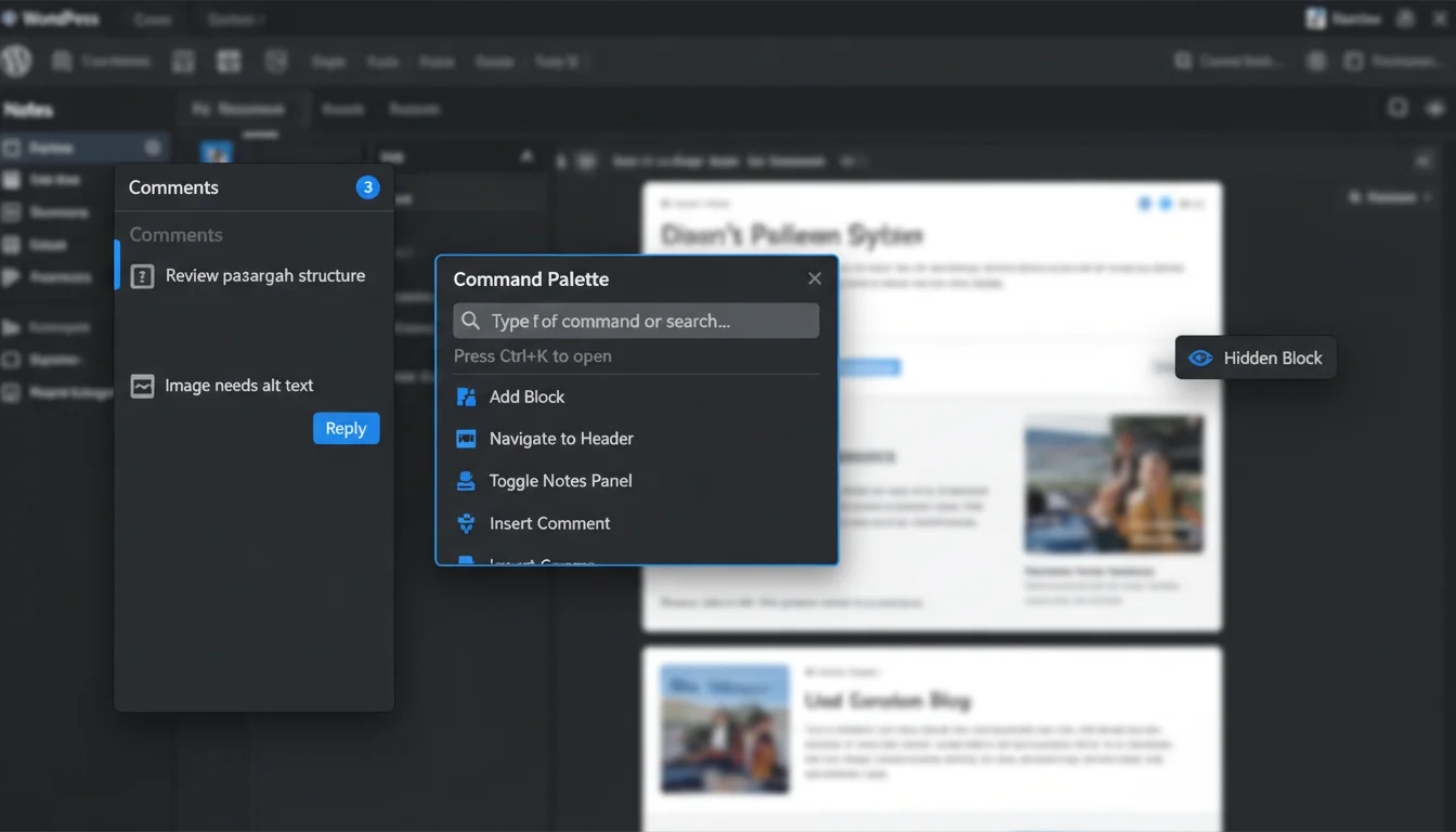 WordPress 6.9 Notes feature showing block-level comments in the editor with team feedback