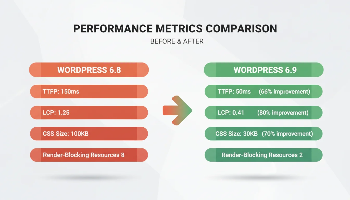 Before and after performance metrics comparing WordPress 6.8 and 6.9 across key speed indicators