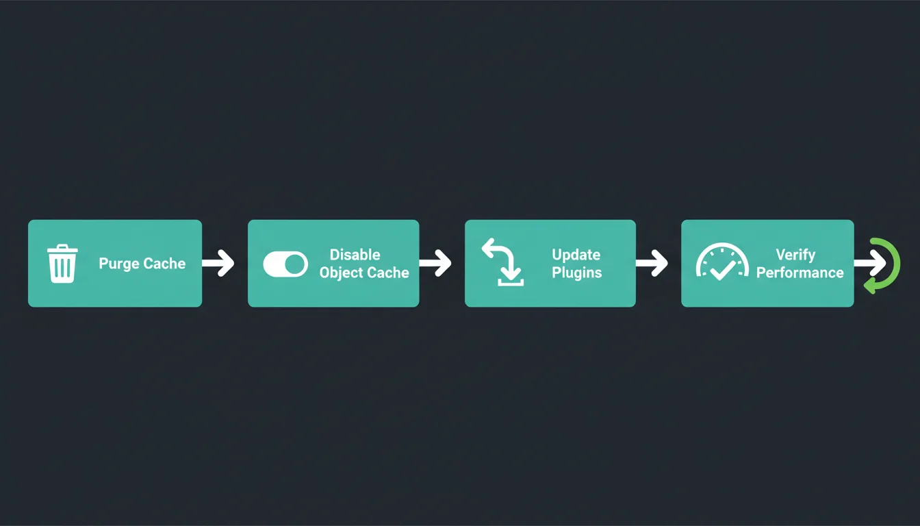Four-step troubleshooting flowchart showing cache purge, disable object cache, update plugins, and verify performance with green checkmarks at each stage