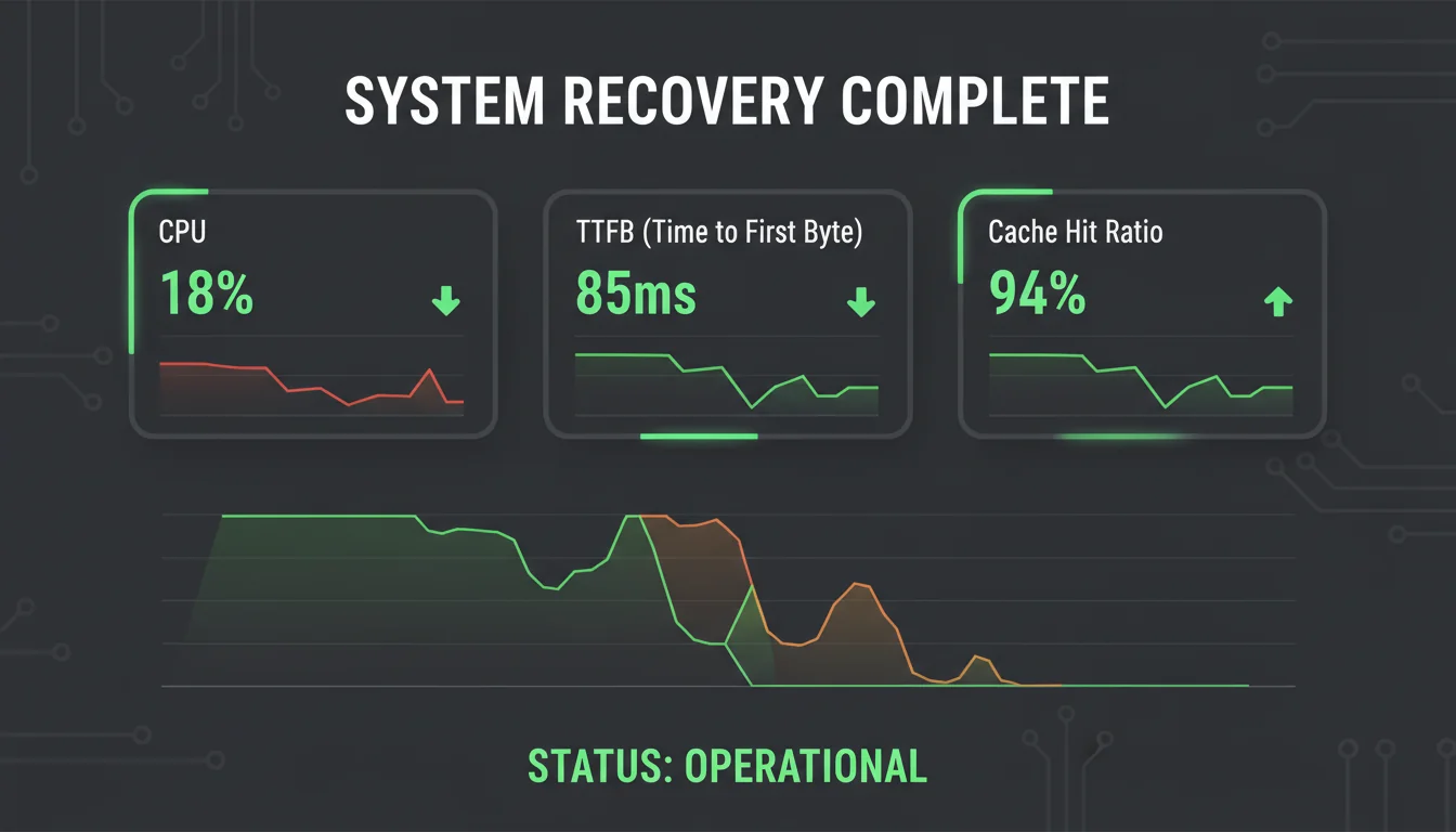 Performance monitoring dashboard showing metrics returning to normal after fix: CPU back to 18%, TTFB at 85ms, and cache hit ratio at 94%