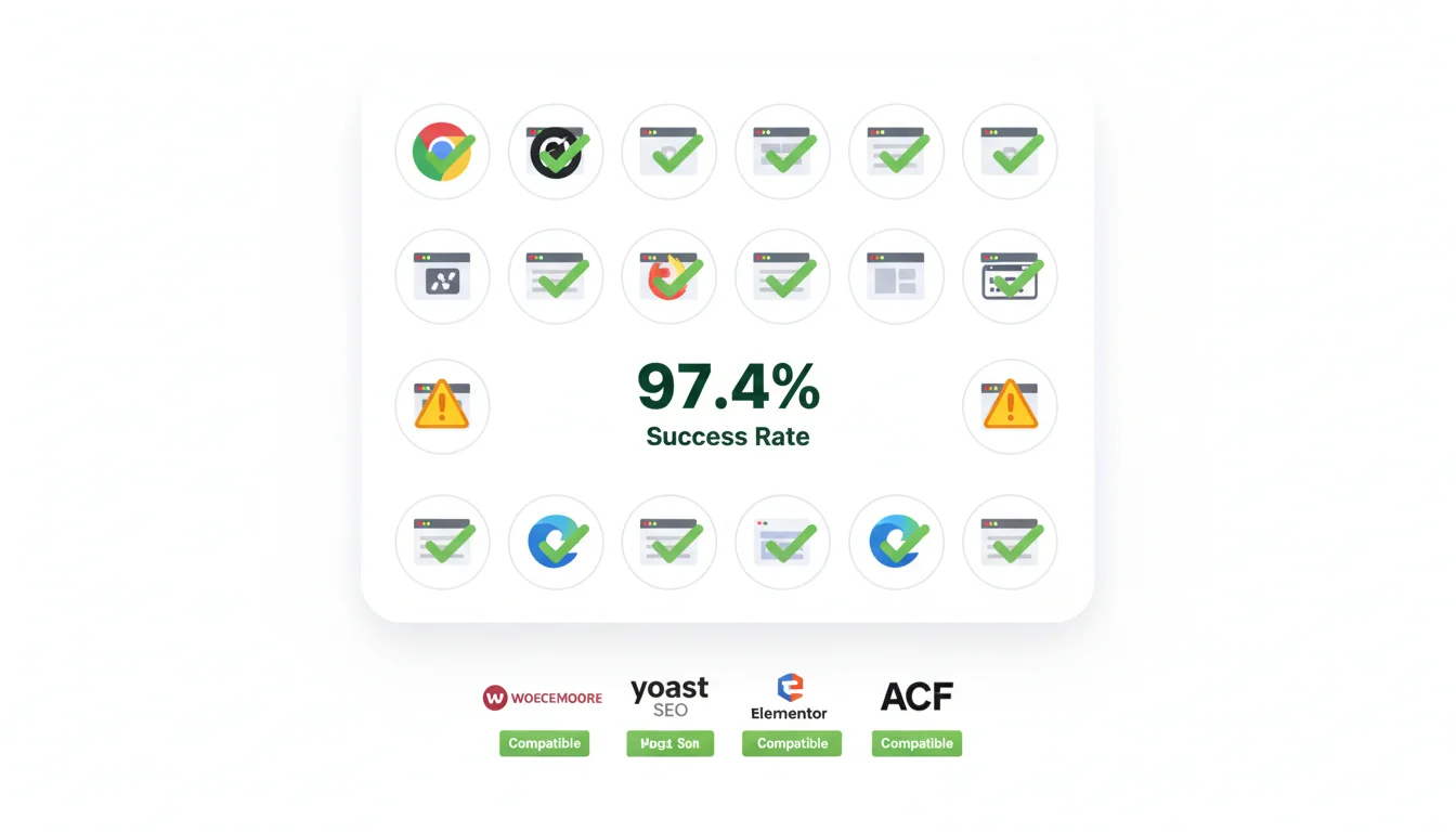 Compatibility test results showing twelve website checkmarks with two minor issues flagged out of 94 total plugins tested