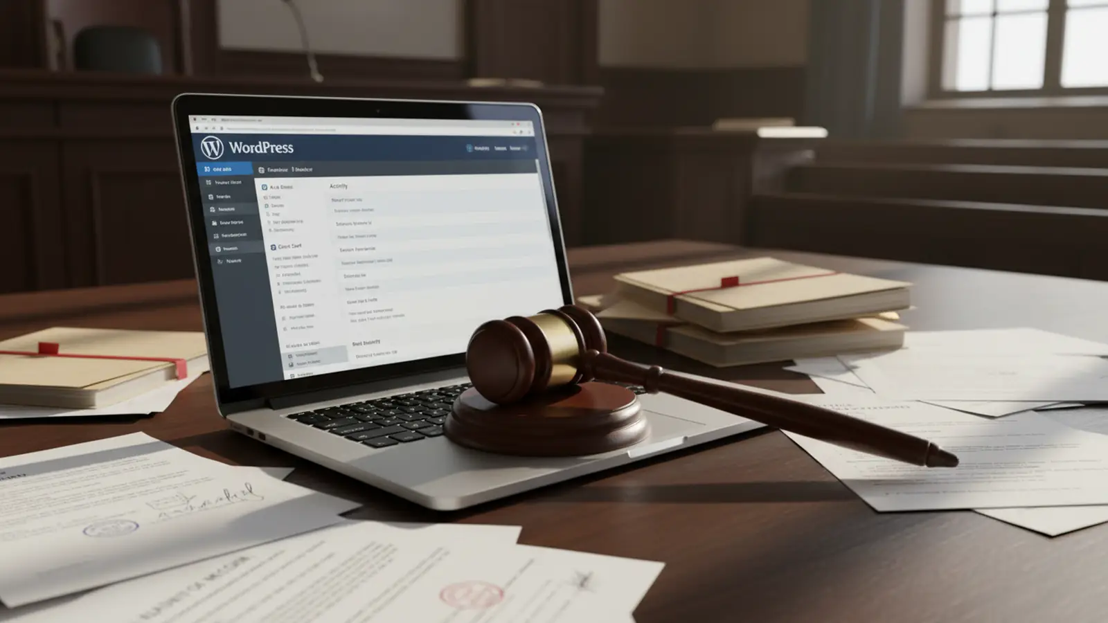 A courtroom gavel resting on a laptop showing the WordPress admin dashboard, with legal documents scattered around it