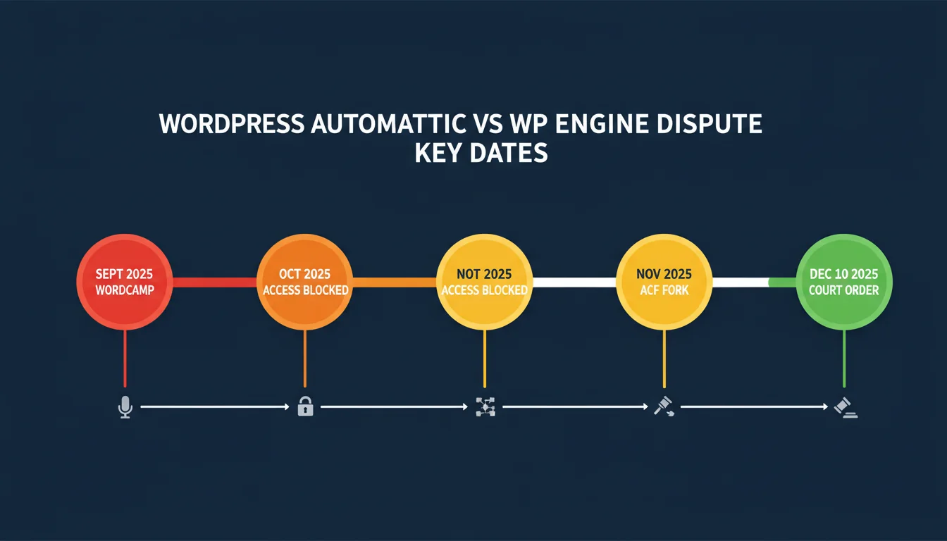Timeline showing the Automattic vs WP Engine dispute from September to December 2025, with key events marked