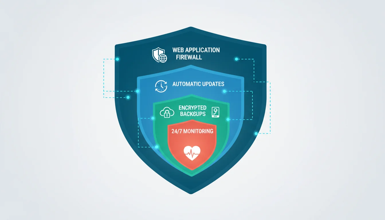 Layered security diagram showing firewall, updates, backups, and monitoring working together to protect a WordPress site