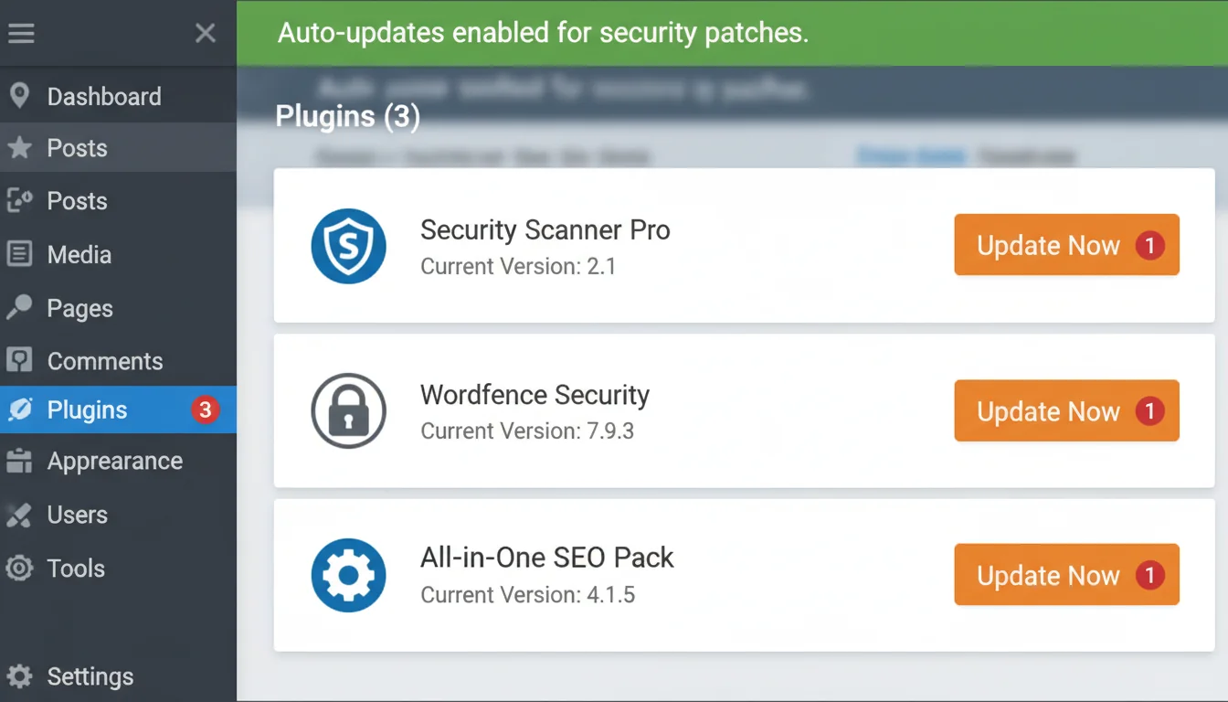 WordPress admin dashboard showing the plugin update screen with security patches available