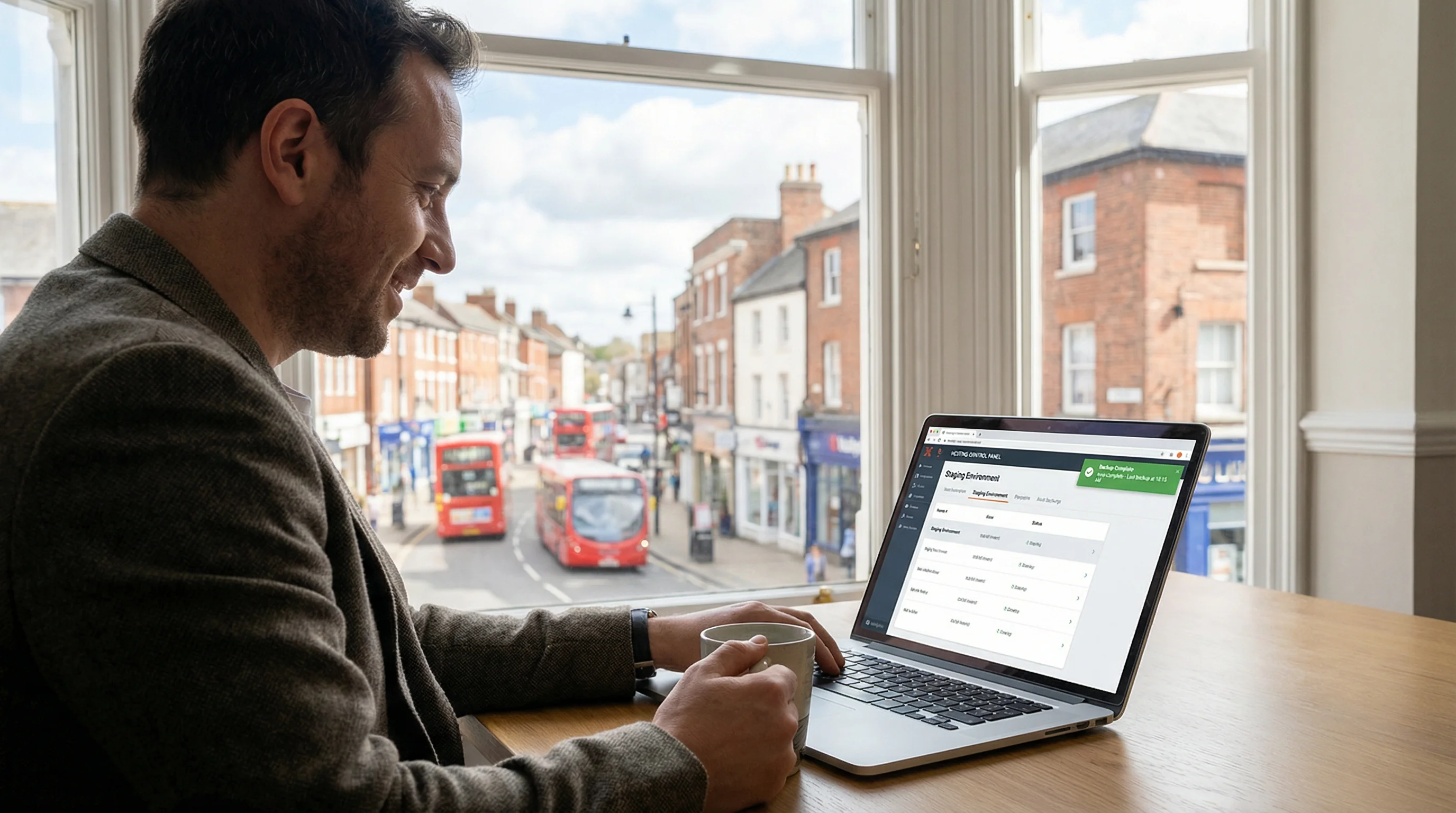 Business owner reviewing website backup and staging environment settings on a laptop