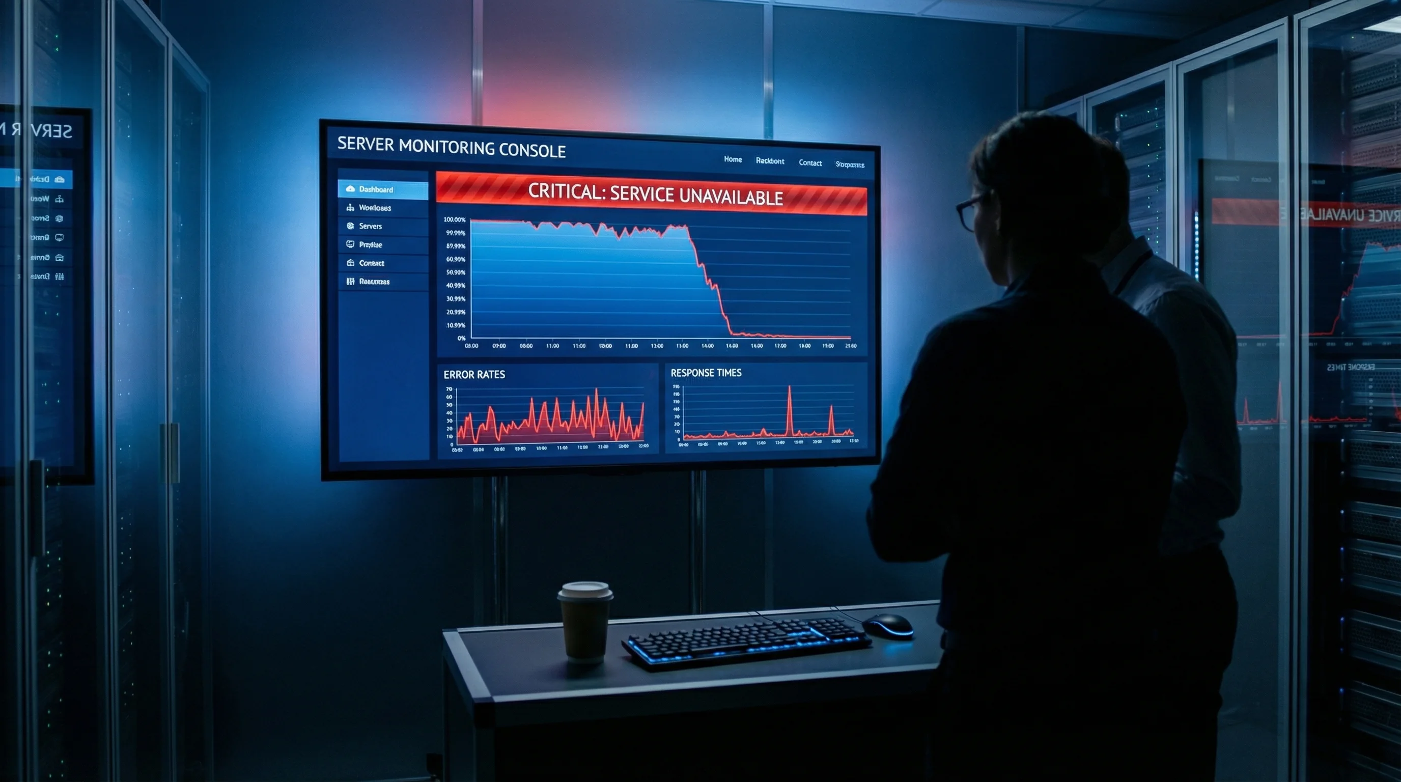 Server monitoring dashboard showing a sharp disruption in service availability metrics