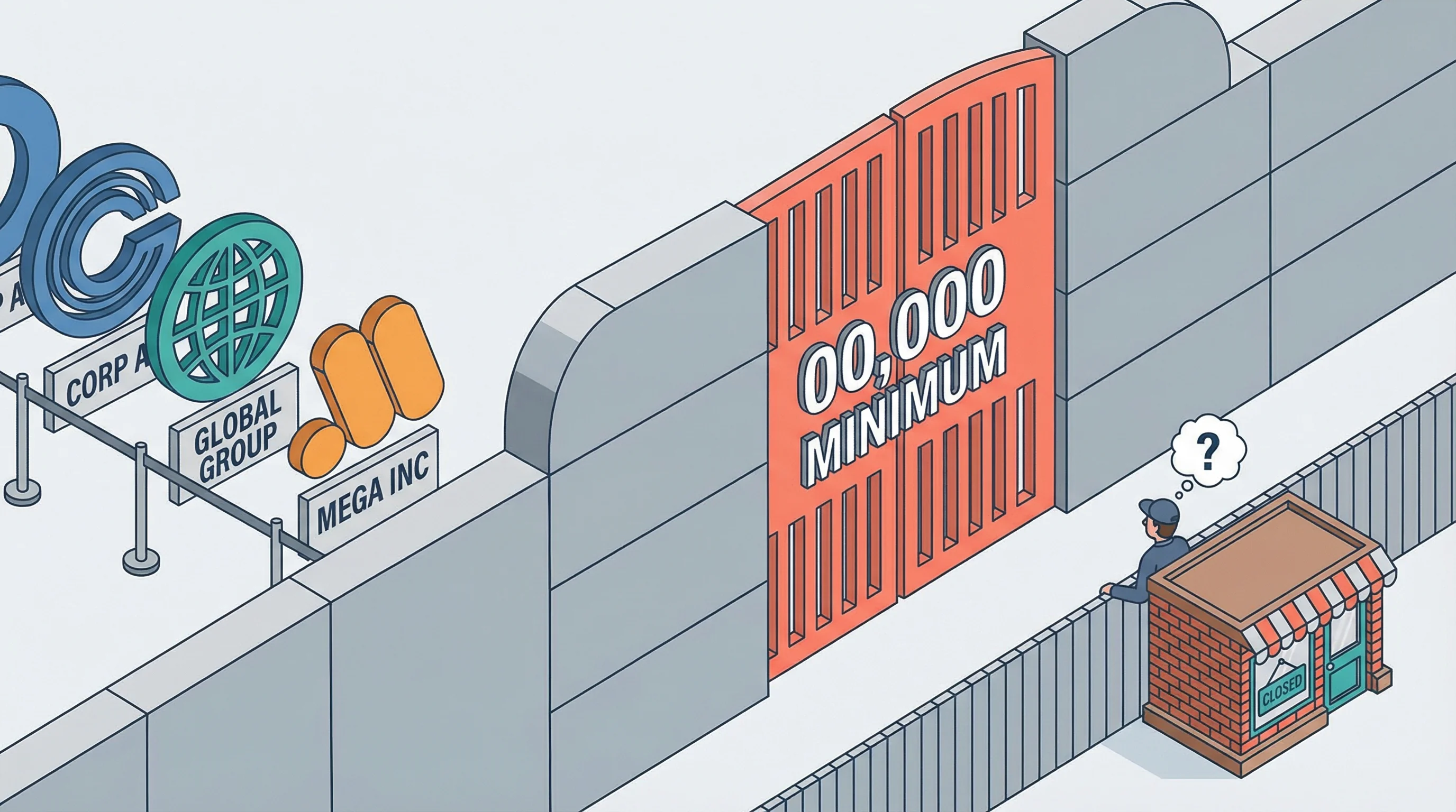 Illustration of a large price barrier wall marked 200,000 dollars minimum with corporate brands on one side and a small UK business on the other