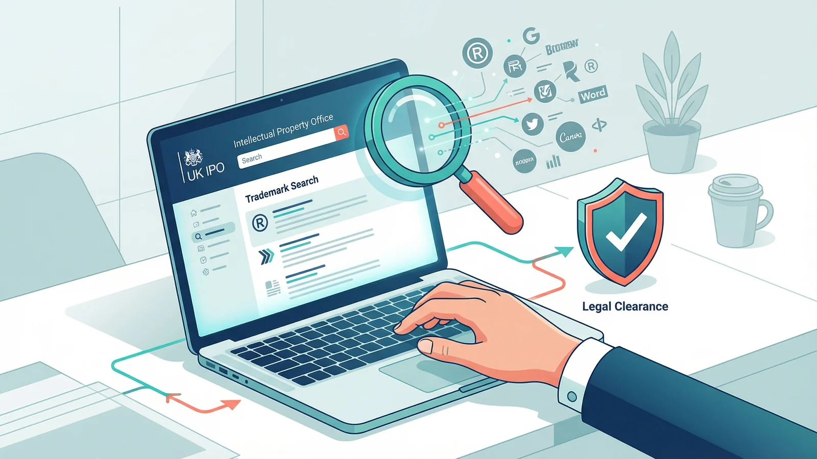 UK IPO trademark search interface with a magnifying glass examining registered trademarks and a shield showing legal clearance