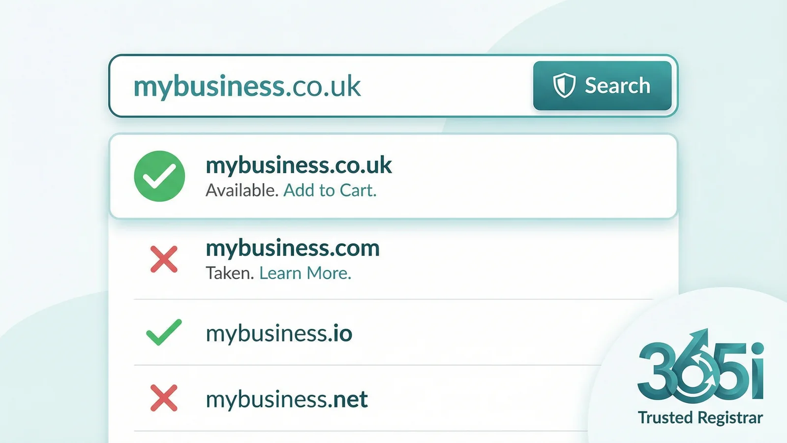 A trusted domain search interface showing results with green checkmarks for available domains and red X marks for taken ones