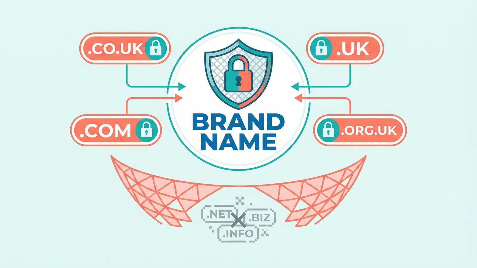 Multiple domain extension badges like .co.uk, .uk, .com connected to a central brand name with lock icons