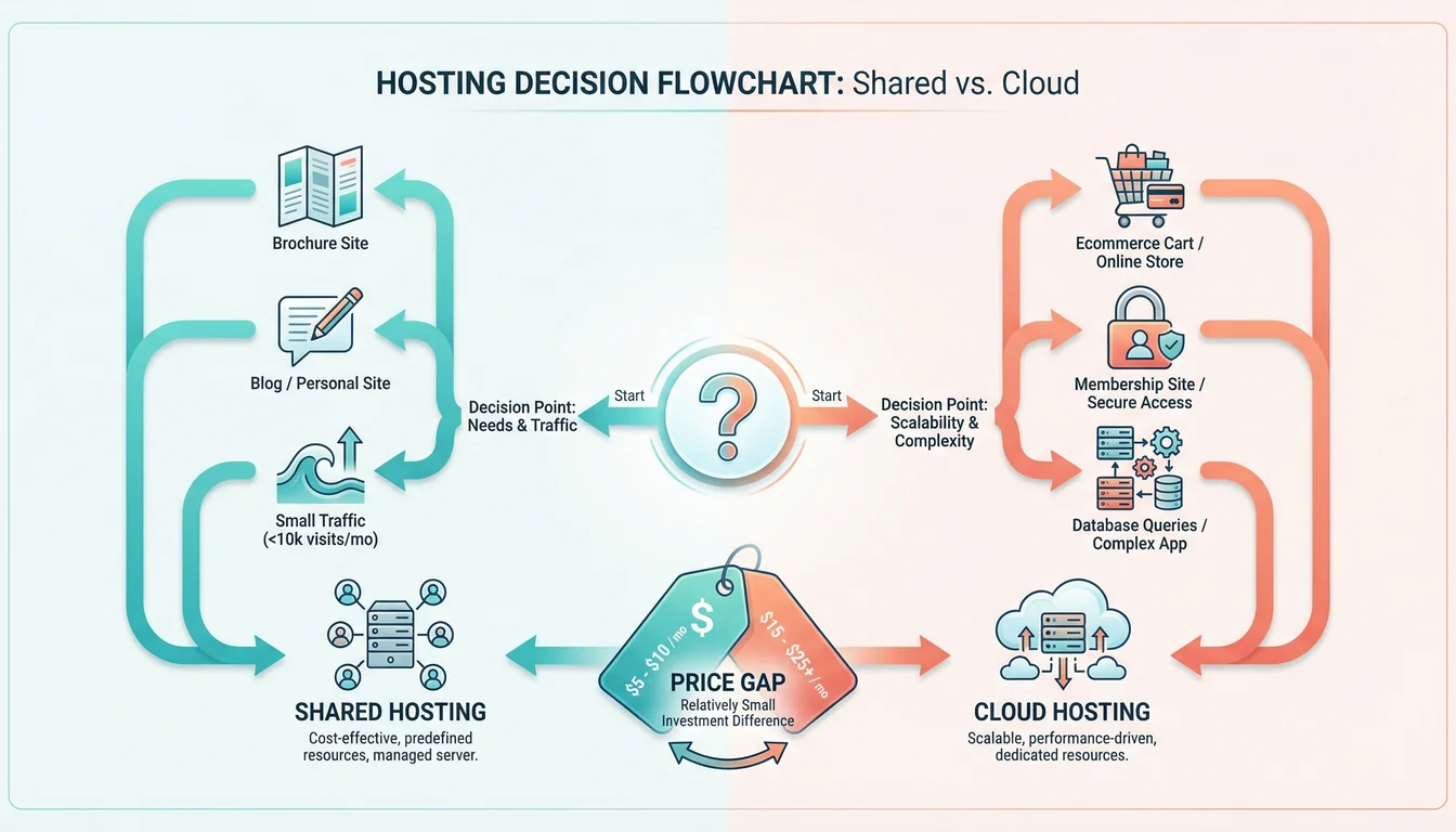 Decision flowchart illustration showing different website types (brochure site, blog, WooCommerce store, membership site) with arrows pointing to shared hosting or cloud hosting recommendations