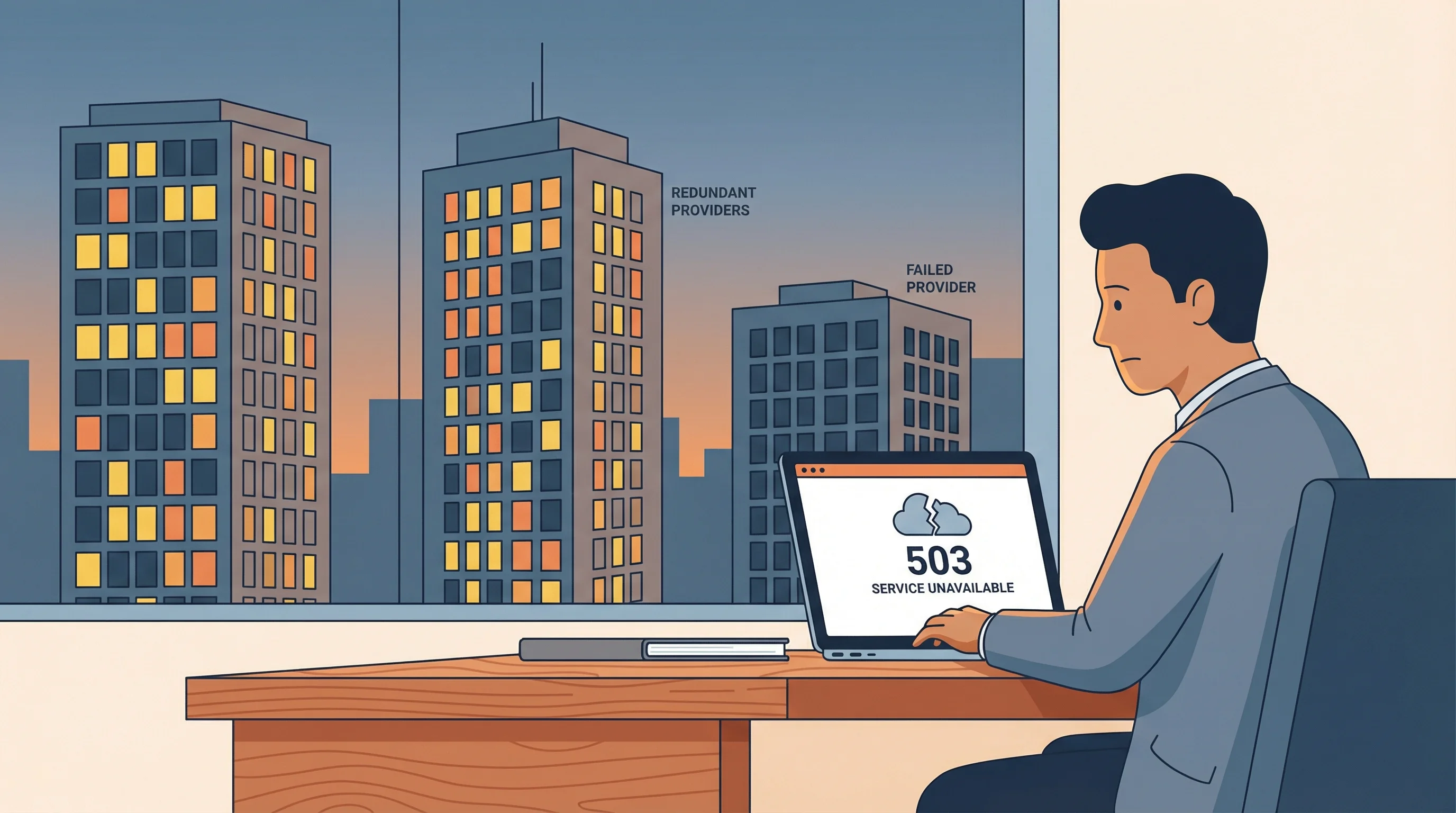 Illustration of a business owner seeing a 503 error on a laptop screen, with a window view showing the concept of building redundancy into web infrastructure