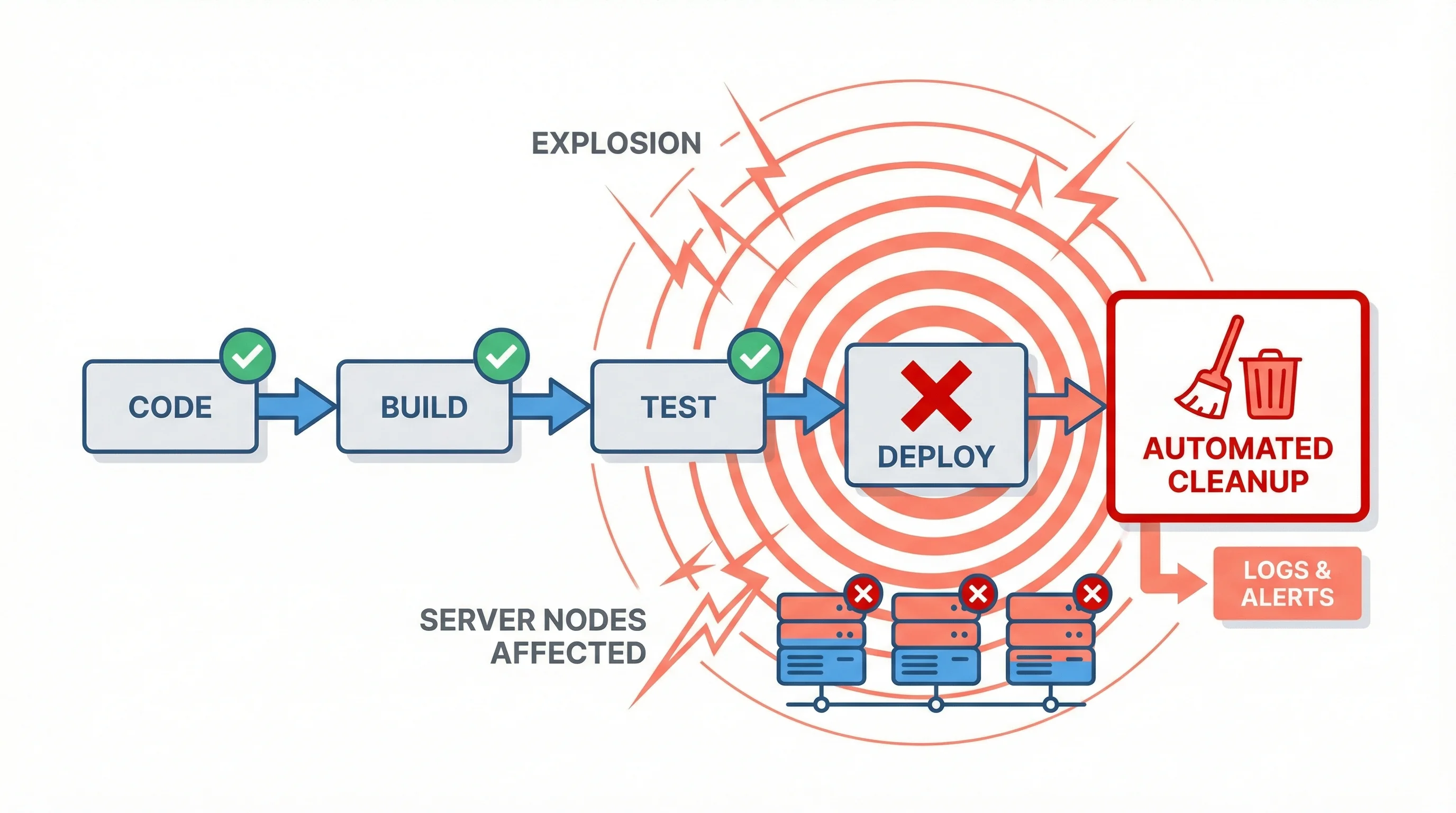 Vector illustration of a deployment pipeline with stages from code to deploy, showing a red failure point at the automated cleanup stage with blast radius expanding outward