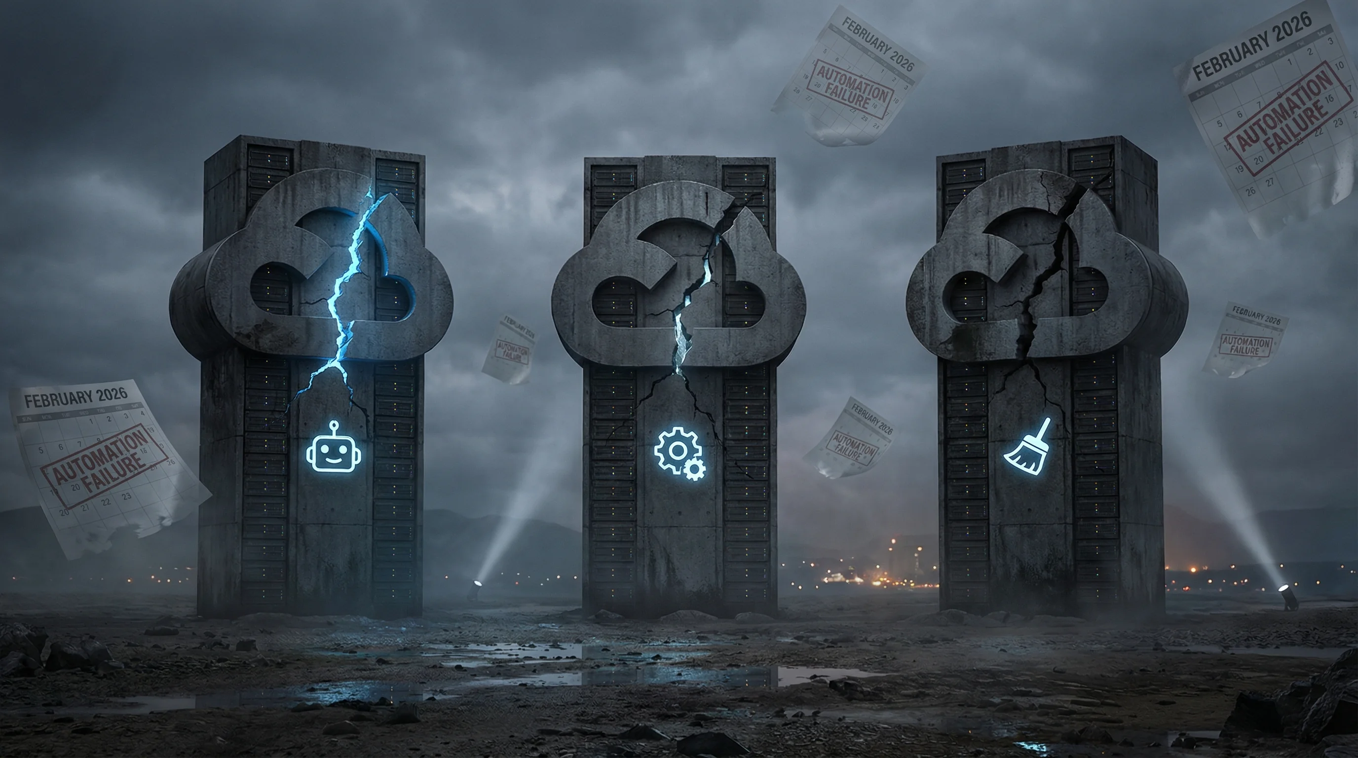 Illustration of three damaged cloud server towers with February 2026 calendars, each showing a different automation failure icon for Azure, AWS, and Cloudflare