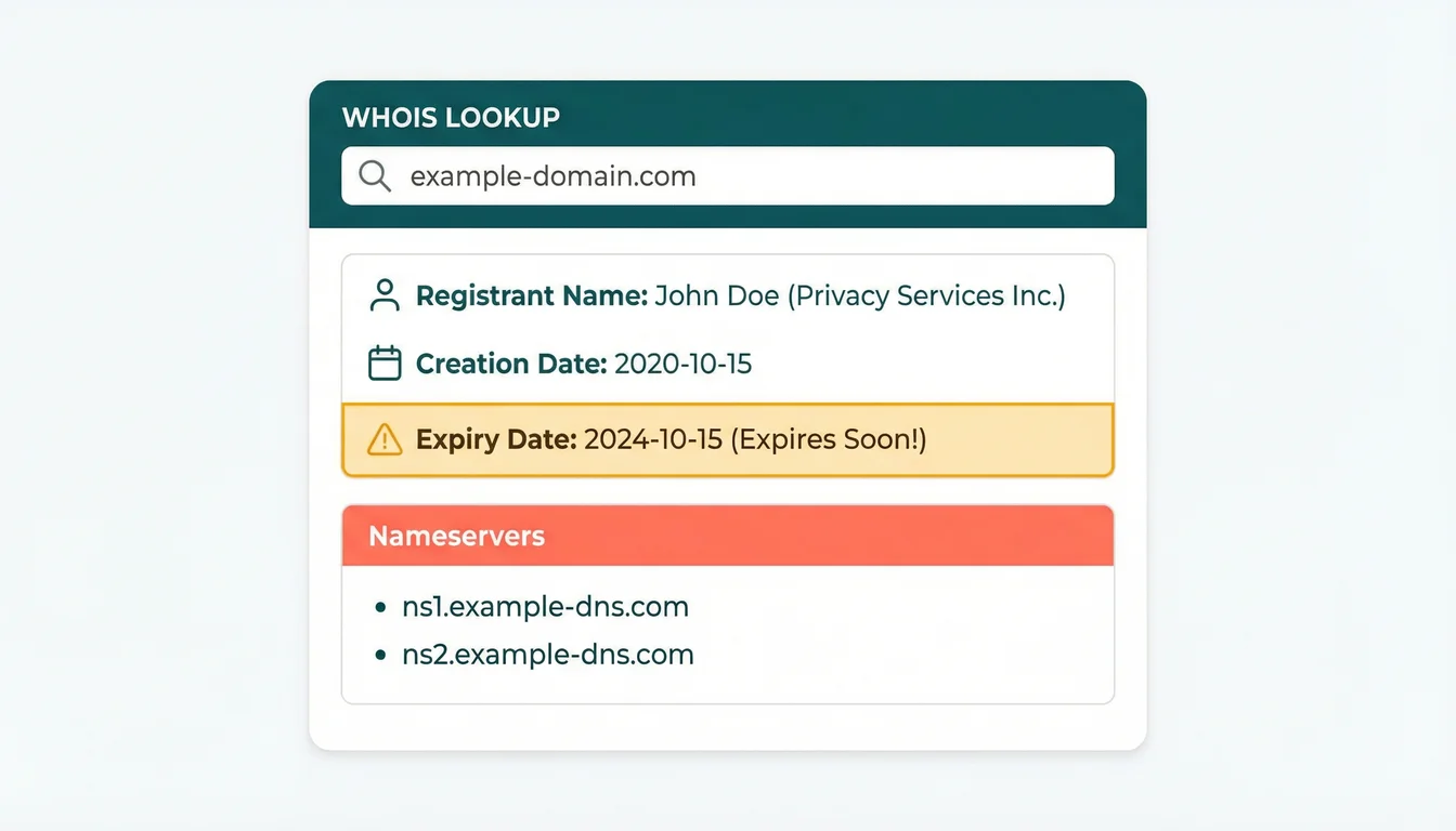 WHOIS lookup results showing domain registration dates and nameserver details