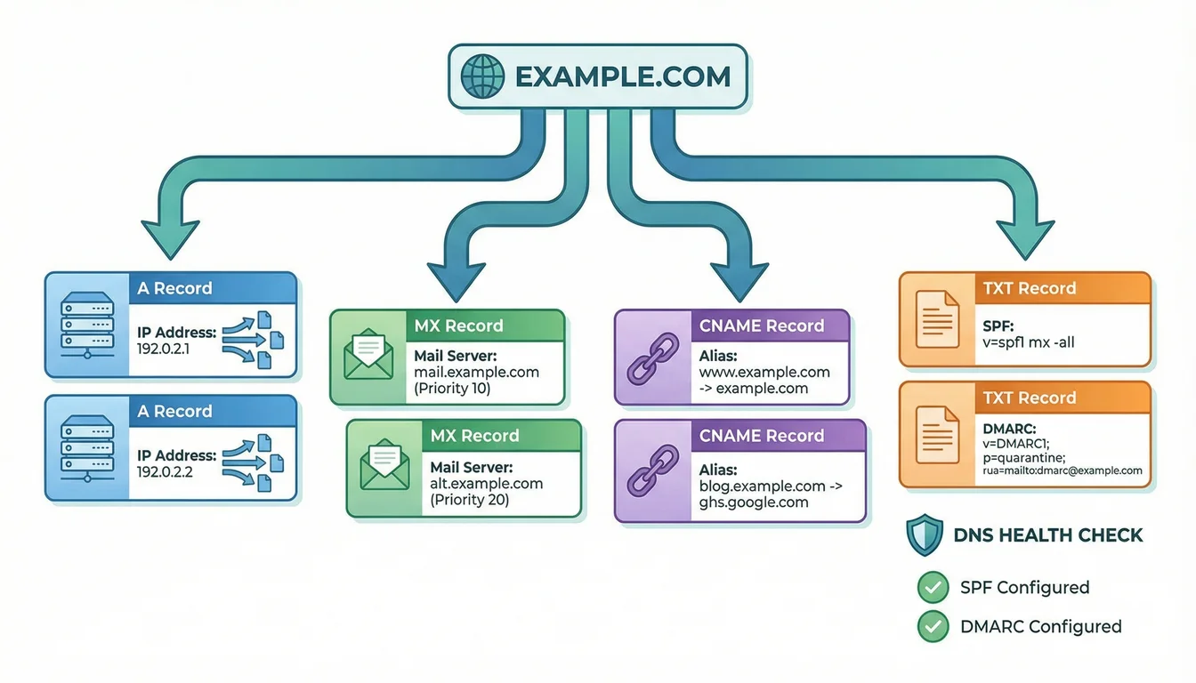 DNS Lookup Tool displaying A records, MX records, and email health status cards for SPF, DKIM and DMARC